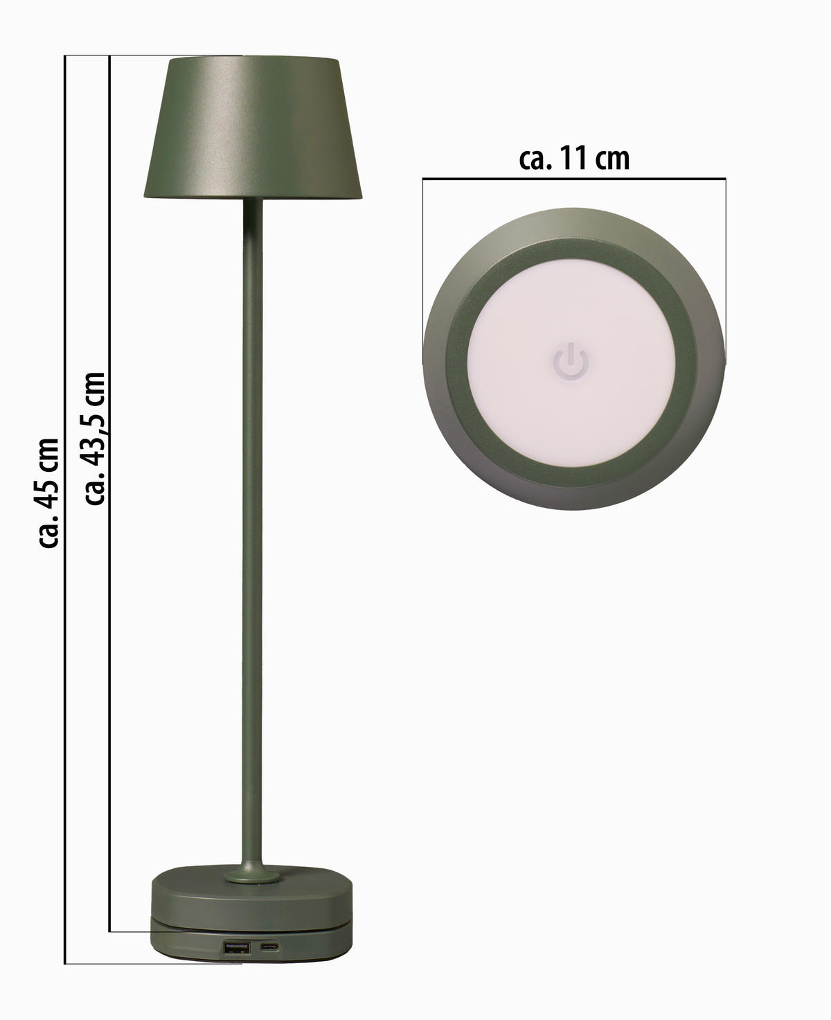 LED-AKKU Tischlampe mit Ladestation Ø 11 x 45 cm stufenlos dimmbar für Innen und Außen olivegrün - Olivgrün, Metall (11/11/45cm) - Northpoint
