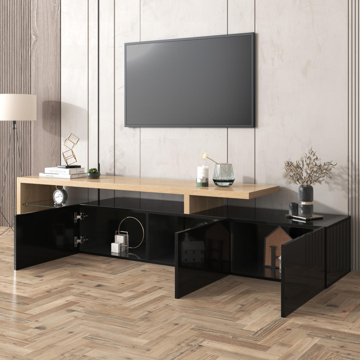 TV-ELEMENT mit LED 197,5 cm Schwarz Holzoptik - Schwarz, Glas (39/42/197.5cm) - Beauniv
