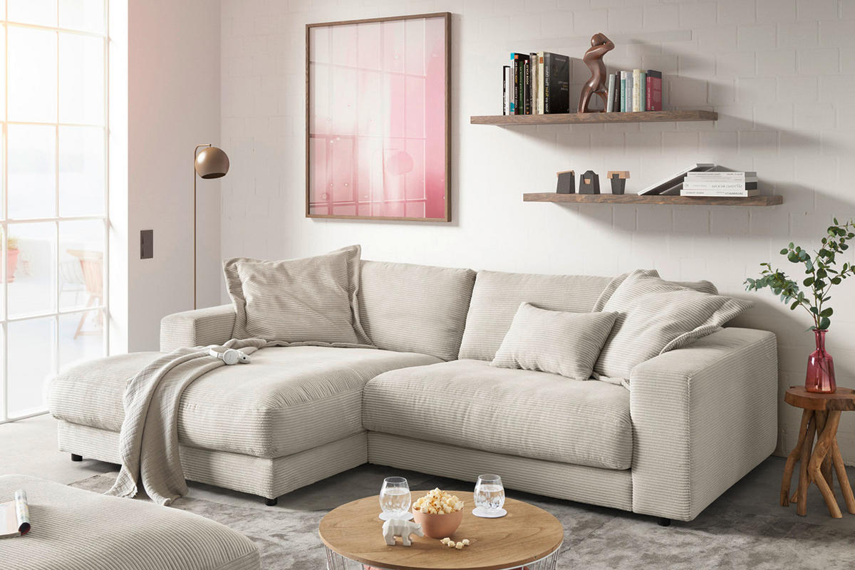 ECKSOFA MADELINE Hellgrau Cord - Hellgrau/Schwarz, Kunststoff/Textil (270/190cm) - KAWOLA