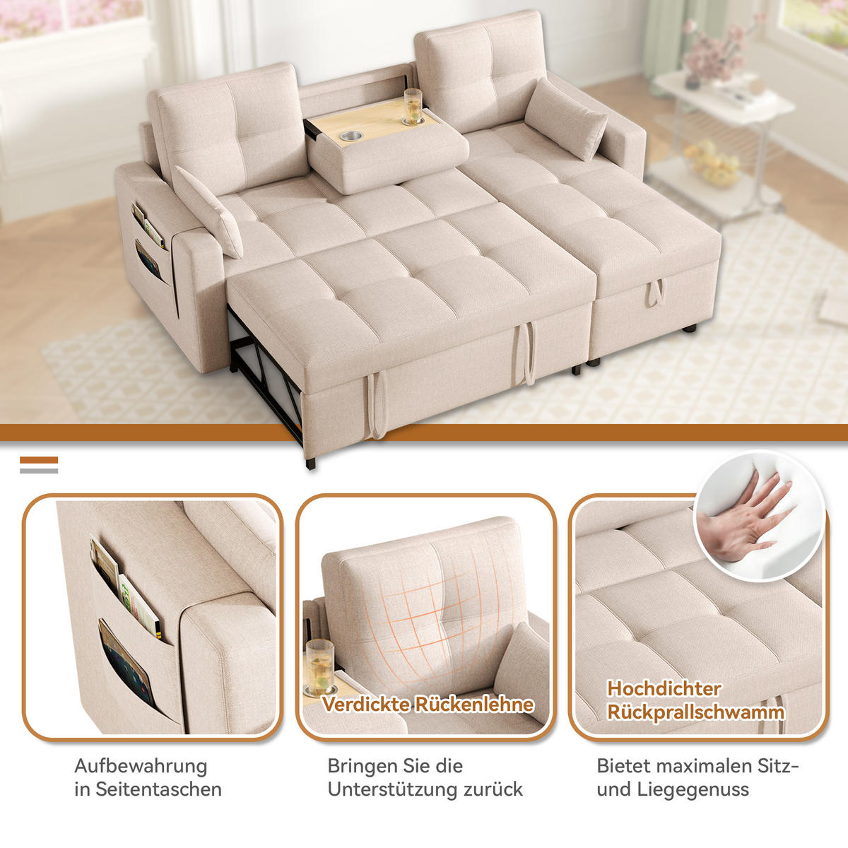 L-FÖRMIGES Schlafsofa aus Leinen mit Stauraum & Getränkehalter, 211/136/87 cm, Beige - Beige, Textil (136/87/211cm) - Redom