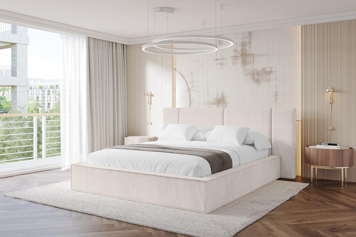 POLSTERBETT mit Bettkasten und Lattenrost, Bett mit Matratze H3/H4 - RIVO 160x200 Beige - Ecru, Holzwerkstoff/Textil (160/200cm) - ALTDECOR