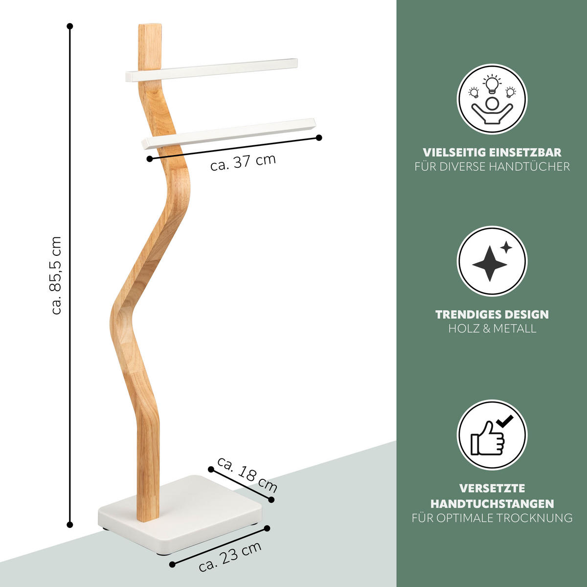 B-WARE eluno Stand-Handtuchhalter freistehend, 2 Stangen, Handtuchständer aus Holz und weißem Metall - Weiß, Holz (37/85.5/18cm) - eluno