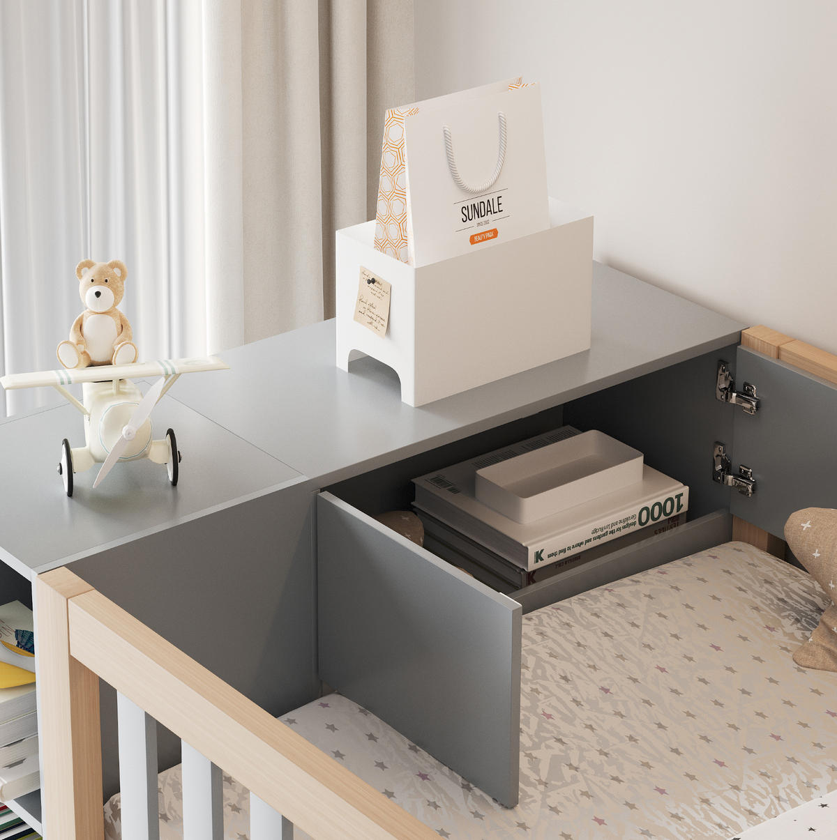 HOCHBETT 90/200 cm Grau mit Kleiderschrank und Stauraum - Grau, Holz (90/200cm) - MIVRAY