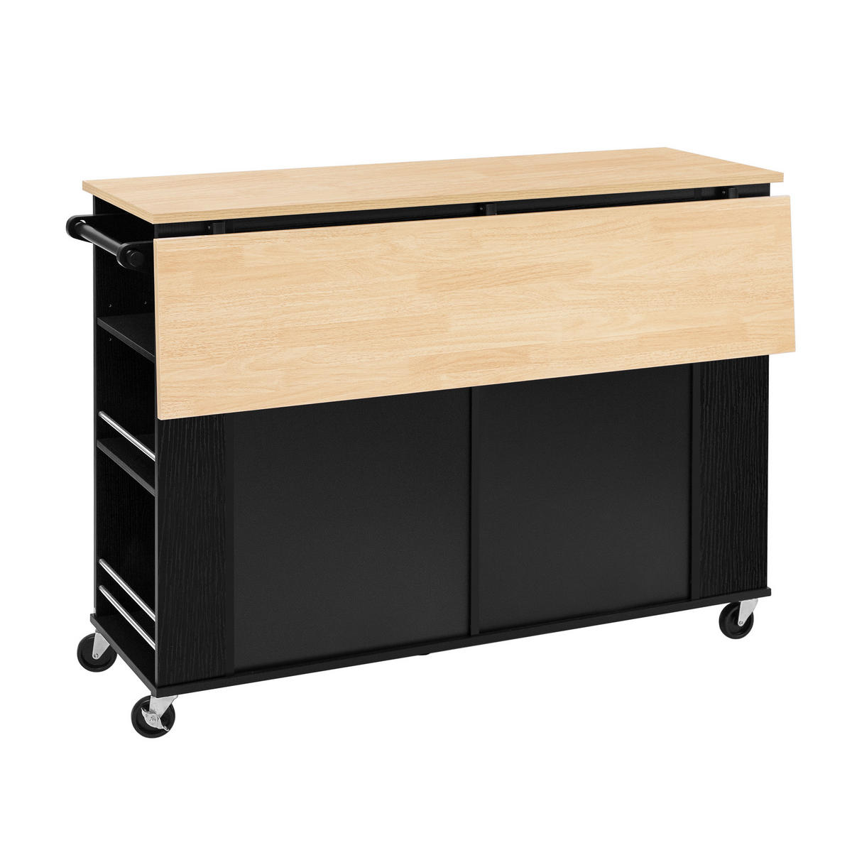 KÜCHENINSEL 120/92/40-70 cm Schwarz/Natur aus MDF mit Rollen und Ausziehtisch - Schwarz, Holzwerkstoff (70/92/120cm) - OKMYHOME