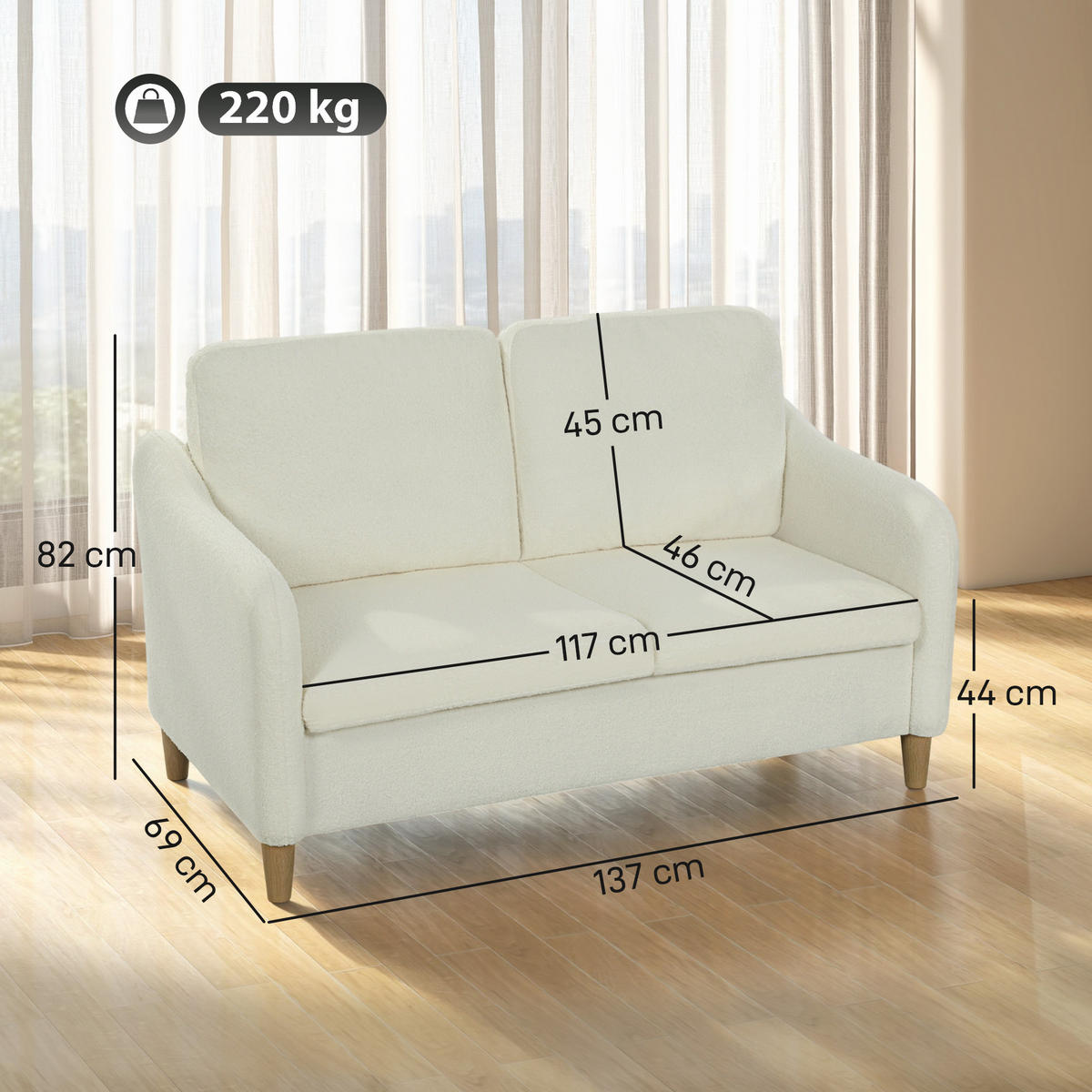 SOFA, 2-Sitzer, Sherpa-Bezug, dicke Kissen, creme, 137x69x82cm - Multicolor, Holzwerkstoff (137/82/69cm) - FORIOUS