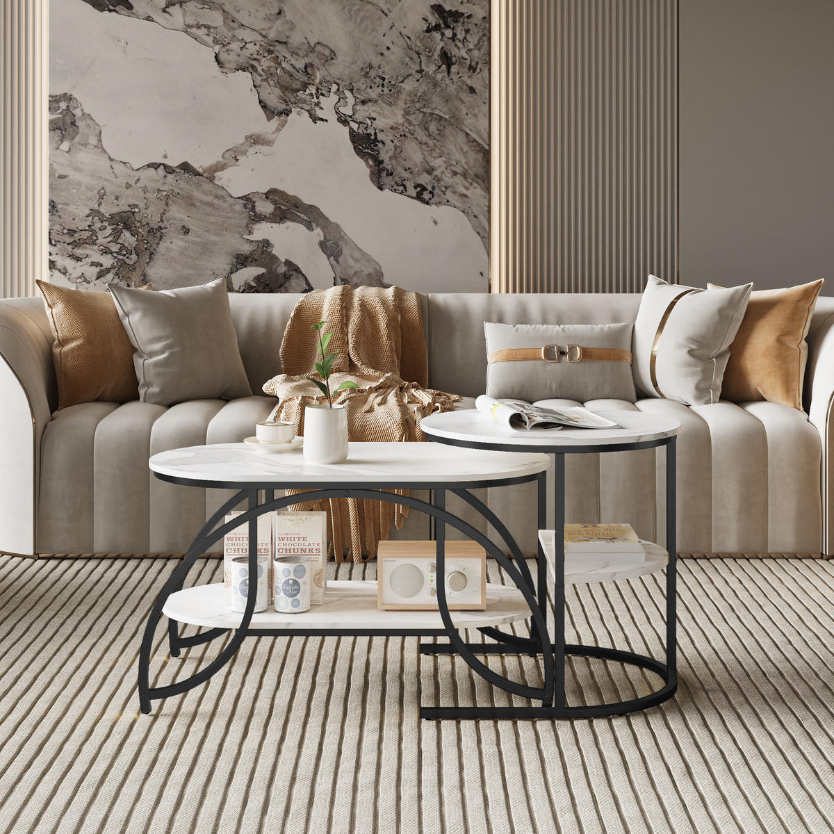 COUCHTISCH 2er Set rund Marmoroptik Metall schwarz weiß - Weiß, Holz (46/80/45cm) - LEBENLANG