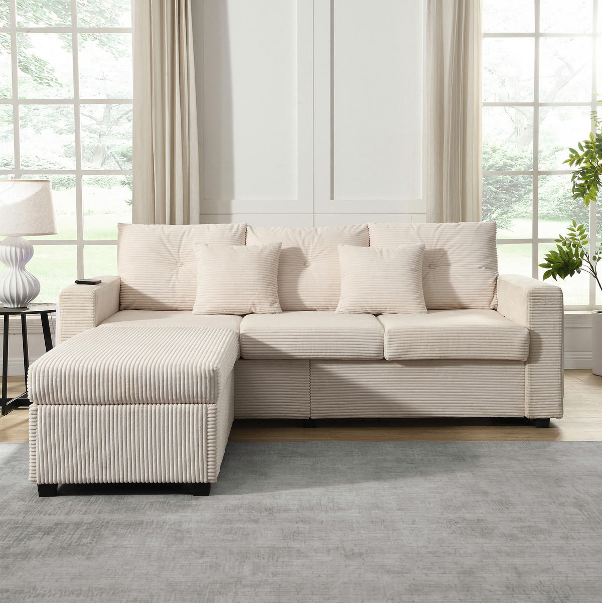 SOFA L-Form mit LED und Hocker Cord Beige 5-Kissen-Set - Beige, Kunststoff (184/84.5cm) - IVMEU