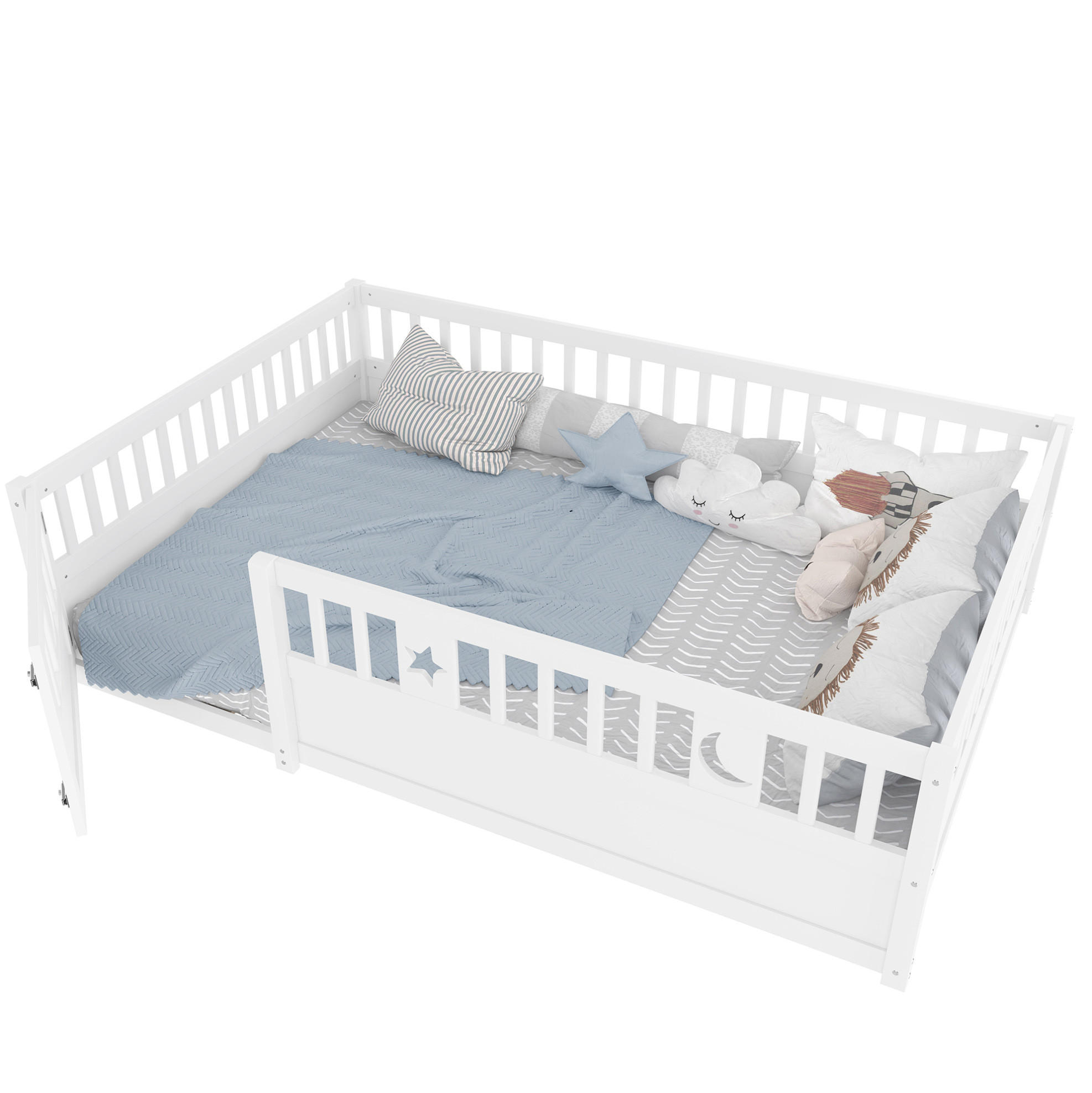 KINDERBETT 140/190 cm mit Sicherheitsgitter, Zauntür mit Schloss und Stern-Mond-Dekor, Kiefern , Weiß - Weiß, Holzwerkstoff (140/190cm) - Redom