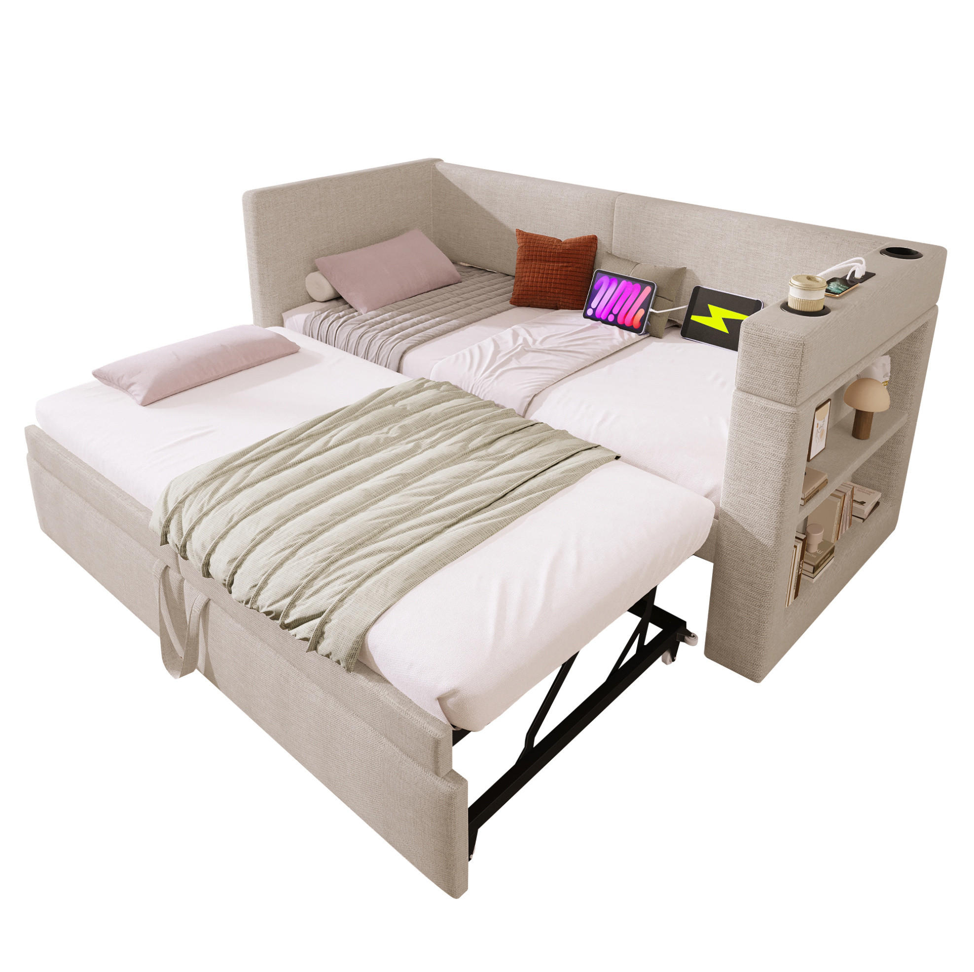 POLSTERBETT 90/200 cm mit Ausziehbett, USB-C und Getränkehaltern, Beige - Beige, Textil (90/200cm) - BEAOK