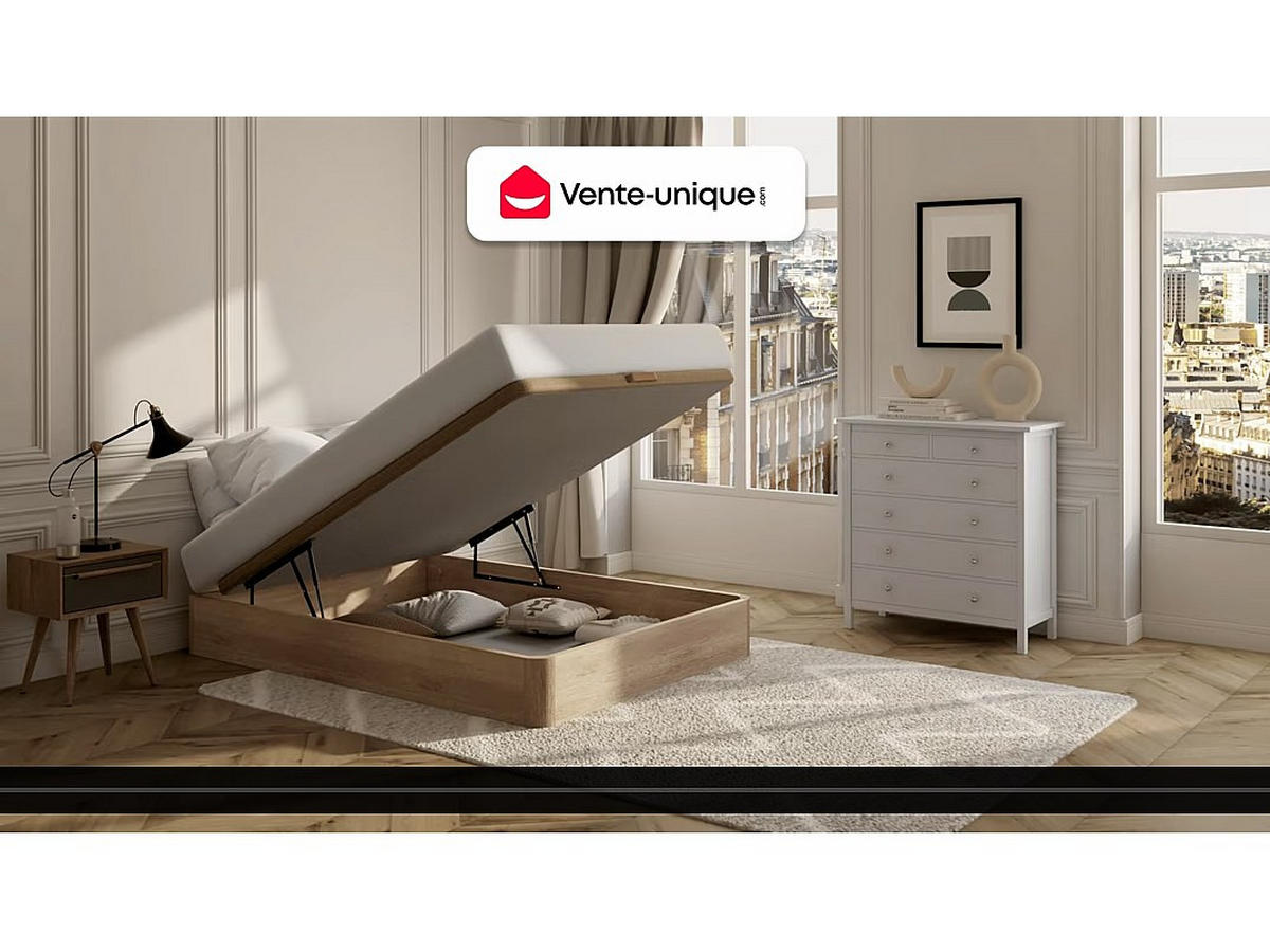 MATRATZE und Bettgestell mit Lattenrost und Bettkasten - 2 Personen - Stoff, Holz, Platte - Weiß - - Weiß, Holz/Holzwerkstoff (140/200cm) - Vente-Unique