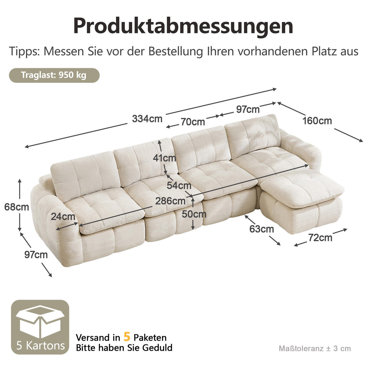 ECKSOFA 334/160/68 cm Beige Chenille mit 1 Fußhocker - Beige, Textil (334/160cm) - Oxeza