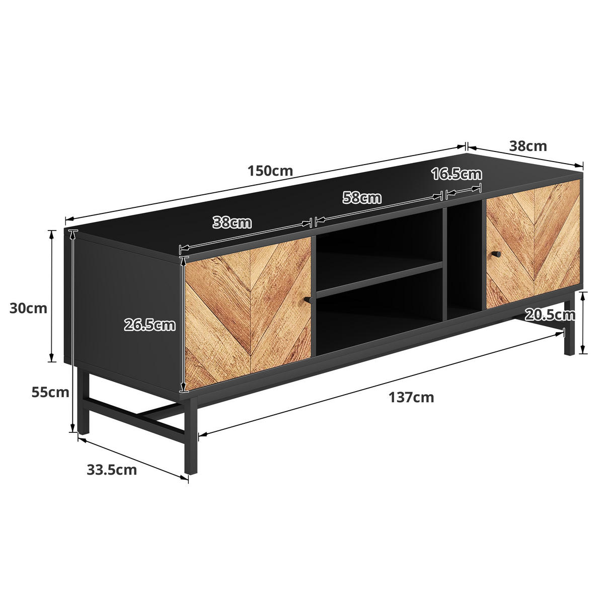 LOWBOARD in Schwarz und Naturfarben TV-Schrank mit vielseitigem Stauraum für Wohnzimmer, B150/T38/H55 cm - Schwarz/Naturfarben, Holzwerkstoff/Metall (150/55/38cm) - STILVORA