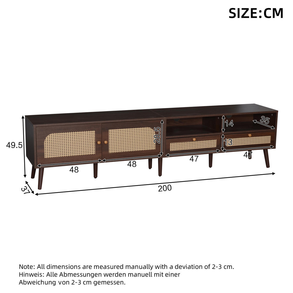 LOWBOARD 200/37/49,5 cm aus Spanplatte mit Rattantüren und 2 Schubladen Braun - Braun, Holzwerkstoff (200/49.5/37cm) - Modenvie