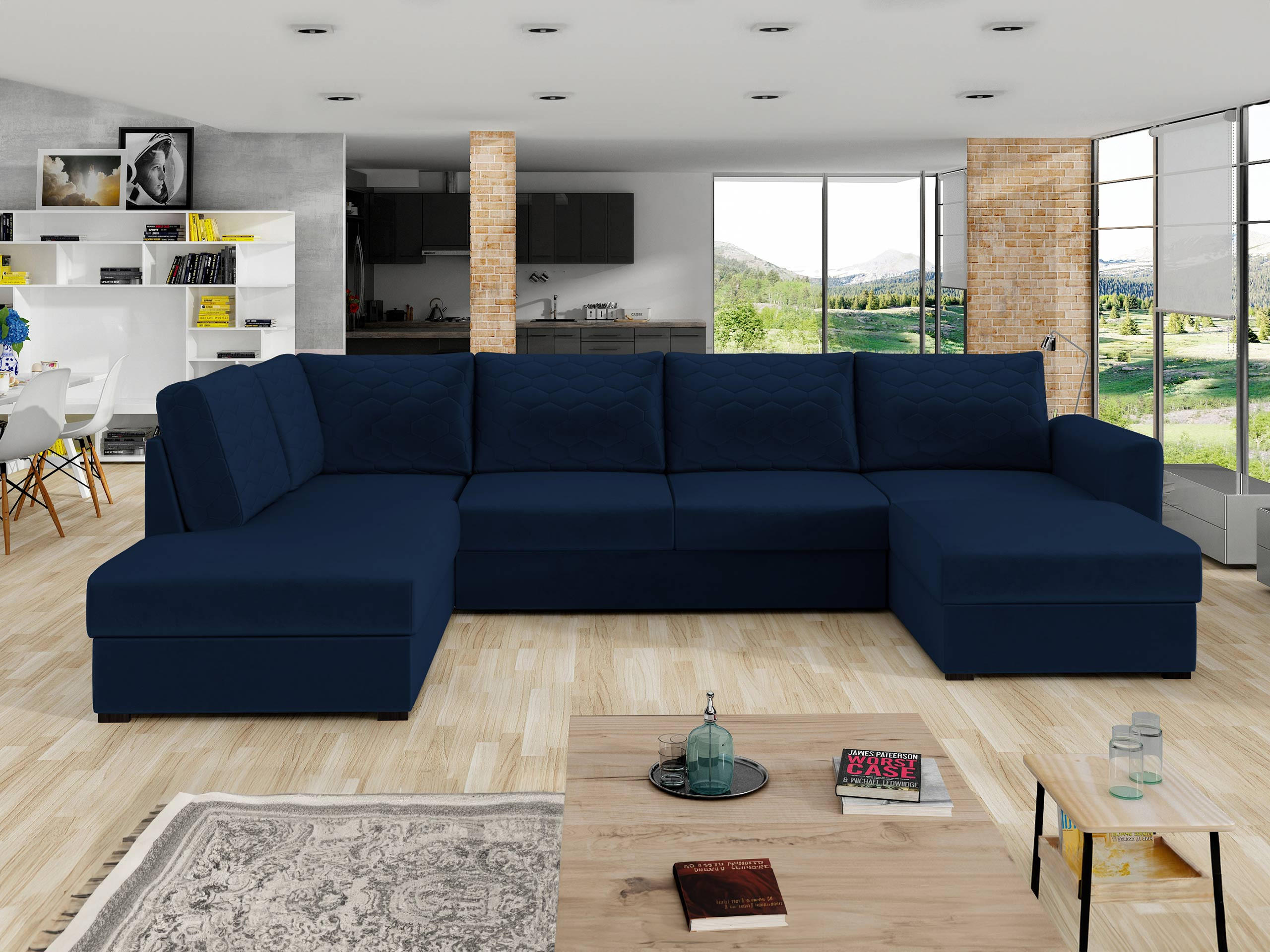 WOHNLANDSCHAFT Wilma Premium, Seite: Links - Schwarz/Dunkelblau, Holz/Textil (305/85/188cm) - MIRJAN24