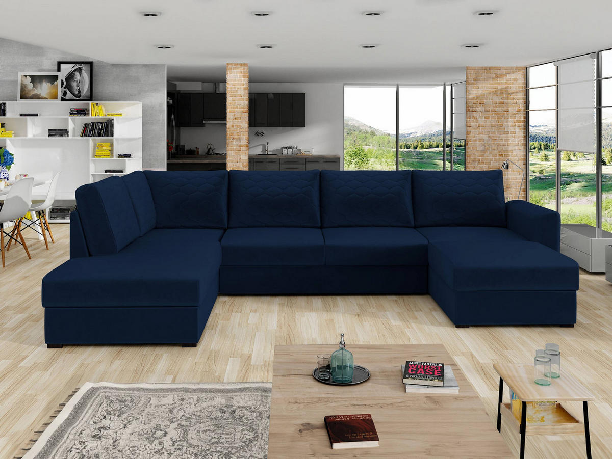 WOHNLANDSCHAFT Wilma Premium, Seite: Links - Schwarz/Dunkelblau, Holz/Textil (305/85/188cm) - MIRJAN24
