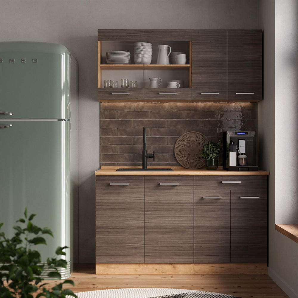 SINGLEKÜCHE R-Line Edelgrau/Goldkraft Eiche 140 cm ohne Arbeitsplatte - Eiche Wotan/Braun, Holzwerkstoff (140/81.6/46cm) - Vicco