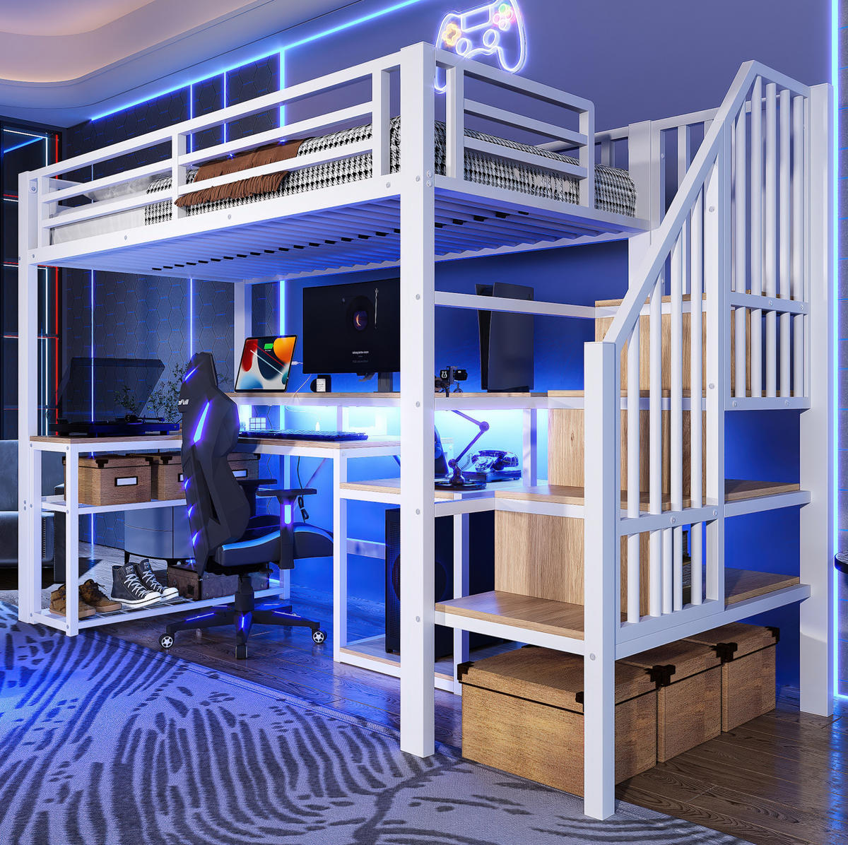 HOCHBETT 90/200 cm aus Metall und MDF mit Schreibtisch, LED-Lichtleiste und Stauraumtreppe Weiß - Weiß, Metall (90/200cm) - Modenvie