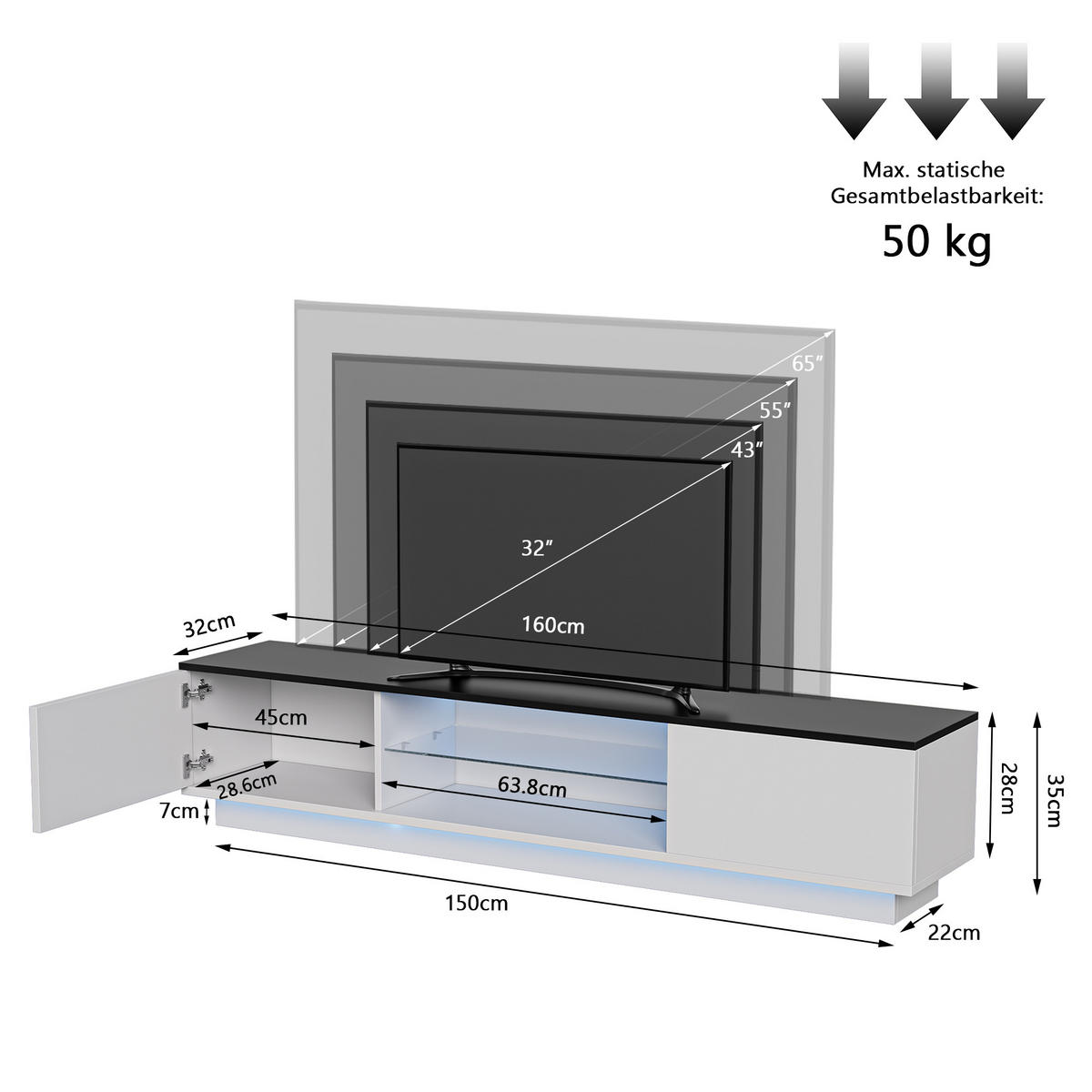 TV-SCHRANK 160 cm, weiß glänzend, LED, lackierte Türen, Glasregale, modern - Weiß, Holz (160/35/32cm) - EuroLiving