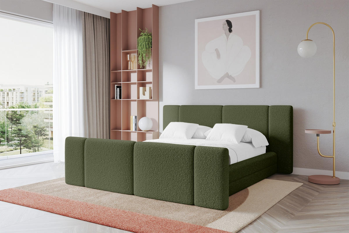 POLSTERBETT mit Bettkasten, Fußteil und Lattenrost, Bett mit Matratze H3/H4 - TEVO-Z 160x200 Grün - Olivgrün, Holzwerkstoff/Textil (160/200cm) - ALTDECOR