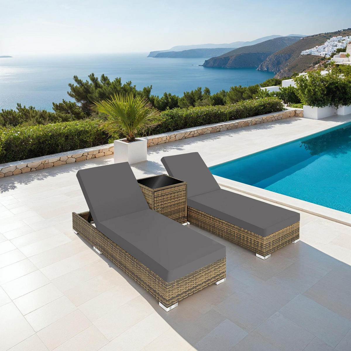 RATTAN-SONNENLIEGE 2er Set, wetterfest und UV-beständig, natur - Naturfarben, Kunststoff (60/21/184cm) - tectake