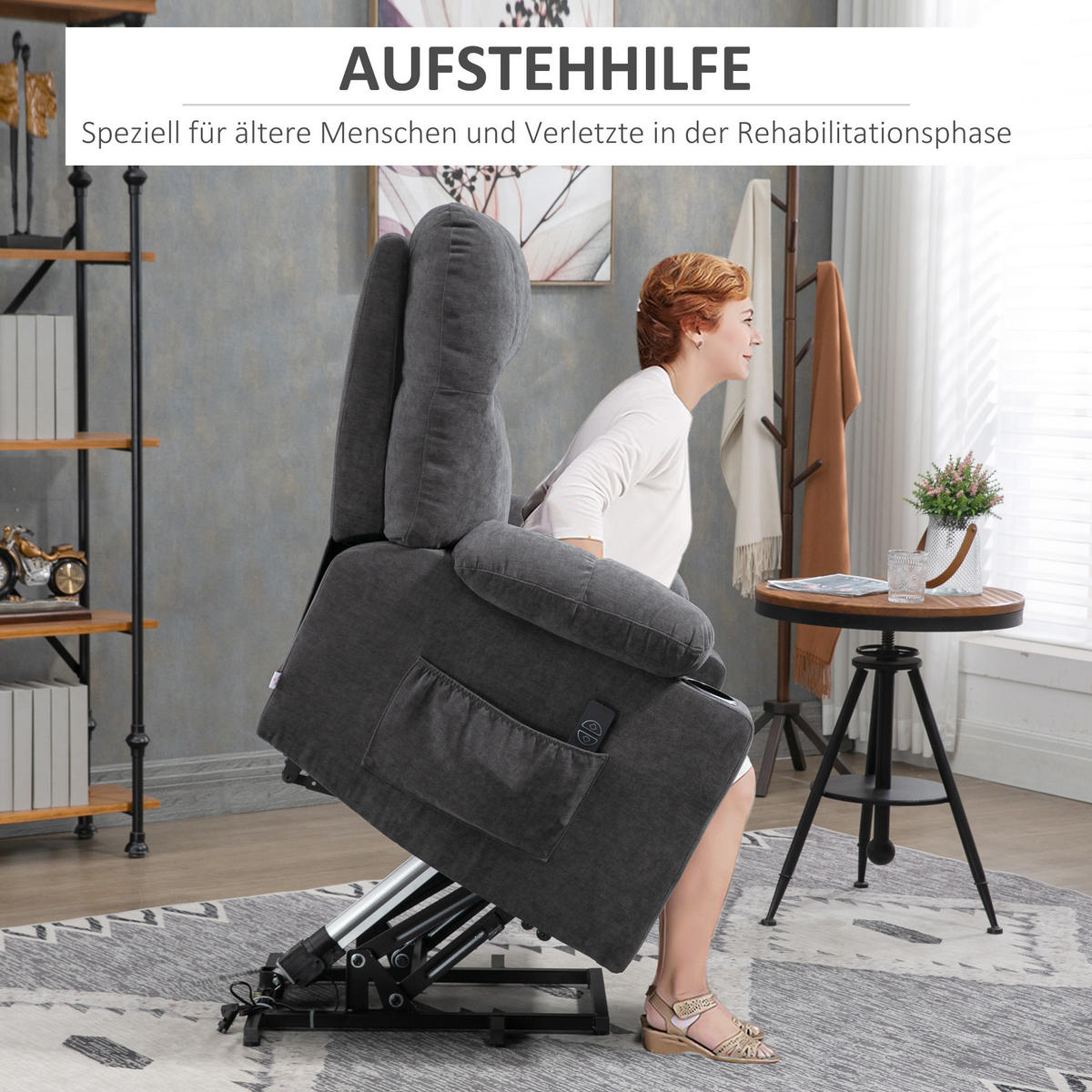 FERNSEHSESSEL mit Aufstehhilfe, Dunkelgrau - Dunkelgrau/Schwarz, Textil/Metall (95/109/91cm) - HOMCOM