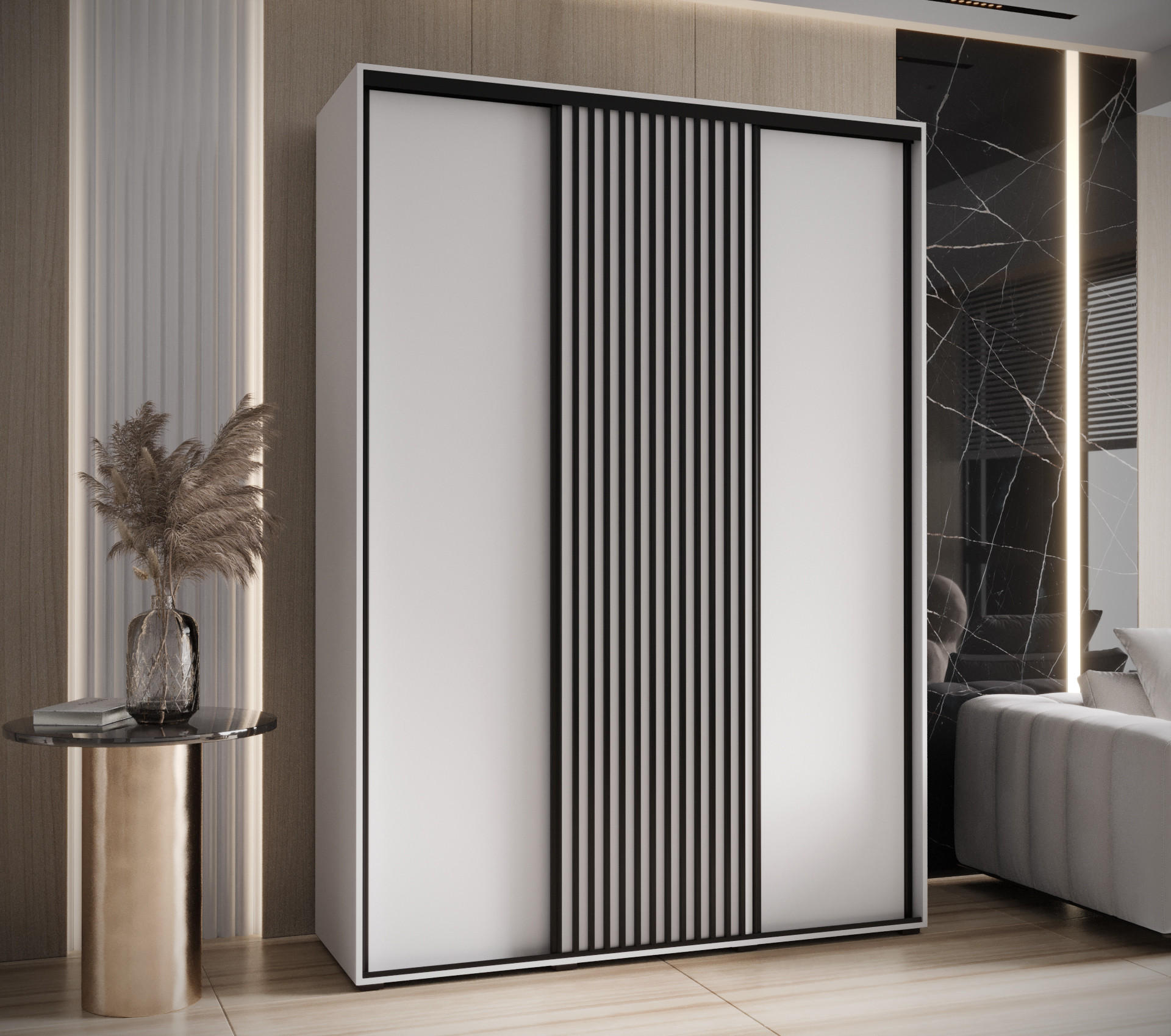 Thumbnail - Abiks Möbel Schwebetürenschrank, Weiß, Weiß, Schwarz, Metall, Nachbildung, 6 Fächer, 170x205.2x60 cm, Schlafzimmer, Klei...