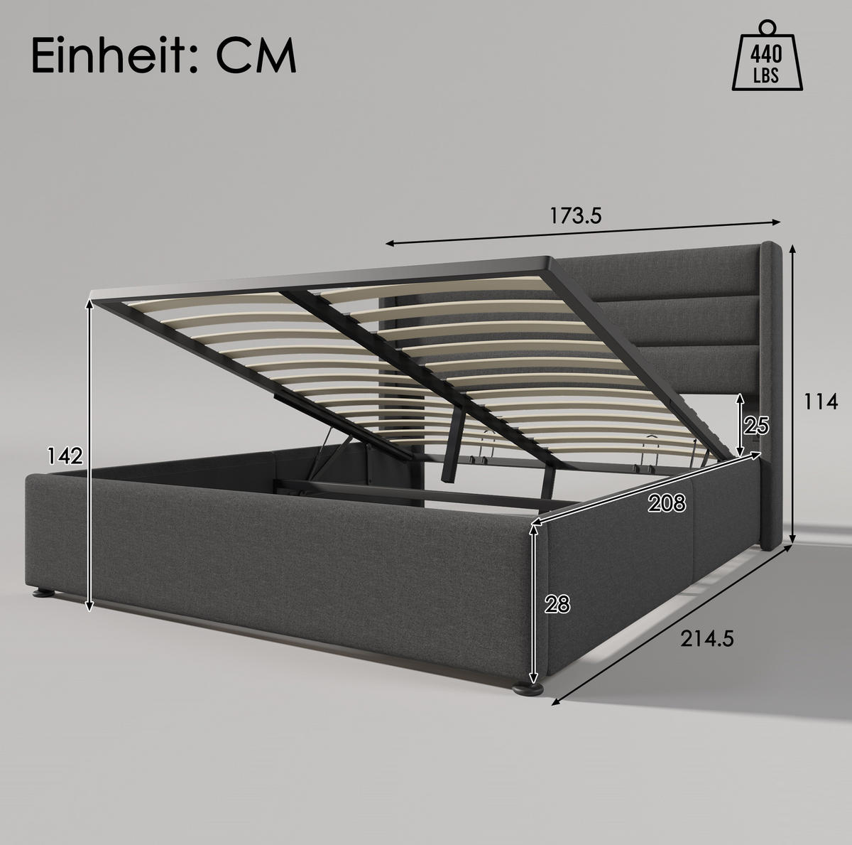 POLSTERBETT 160/200 cm Grau aus Leinen mit Bettkasten - Grau, Textil (160/200cm) - OKMYHOME