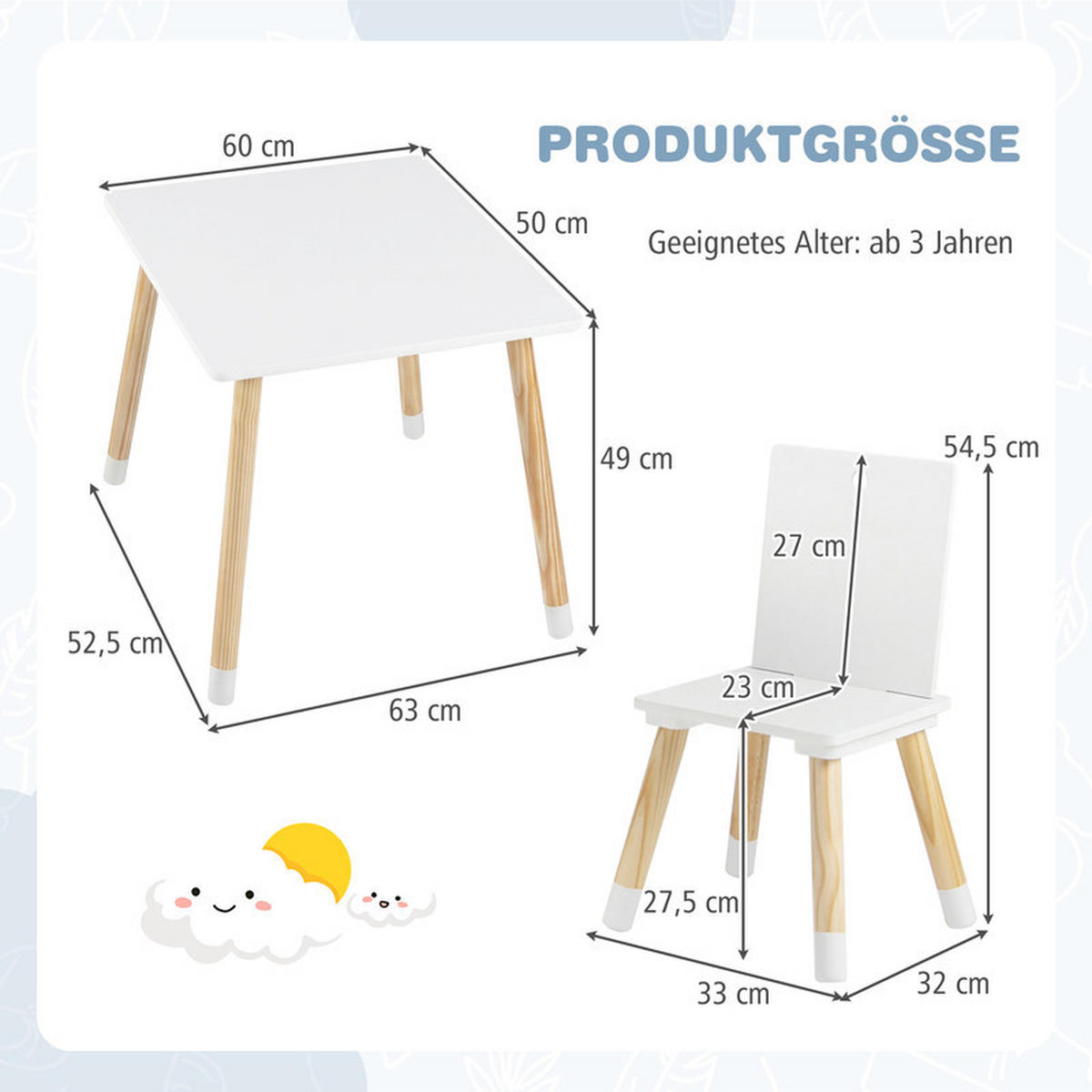 KINDERSITZGRUPPE Holz weiß(3-tlg) - Weiß, Holzwerkstoff (63/49/52.5cm) - COSTWAY
