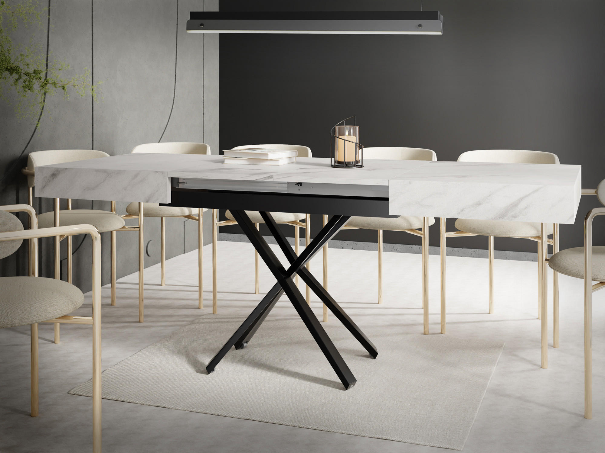 COUCHTISCH Cavetta X höhenverstellbar ausziehbar, Marmor Weiß 120-200/80/27-76 cm - Ecru/Schwarz, Holzwerkstoff/Metall (80/120/76cm) - WFL GROUP