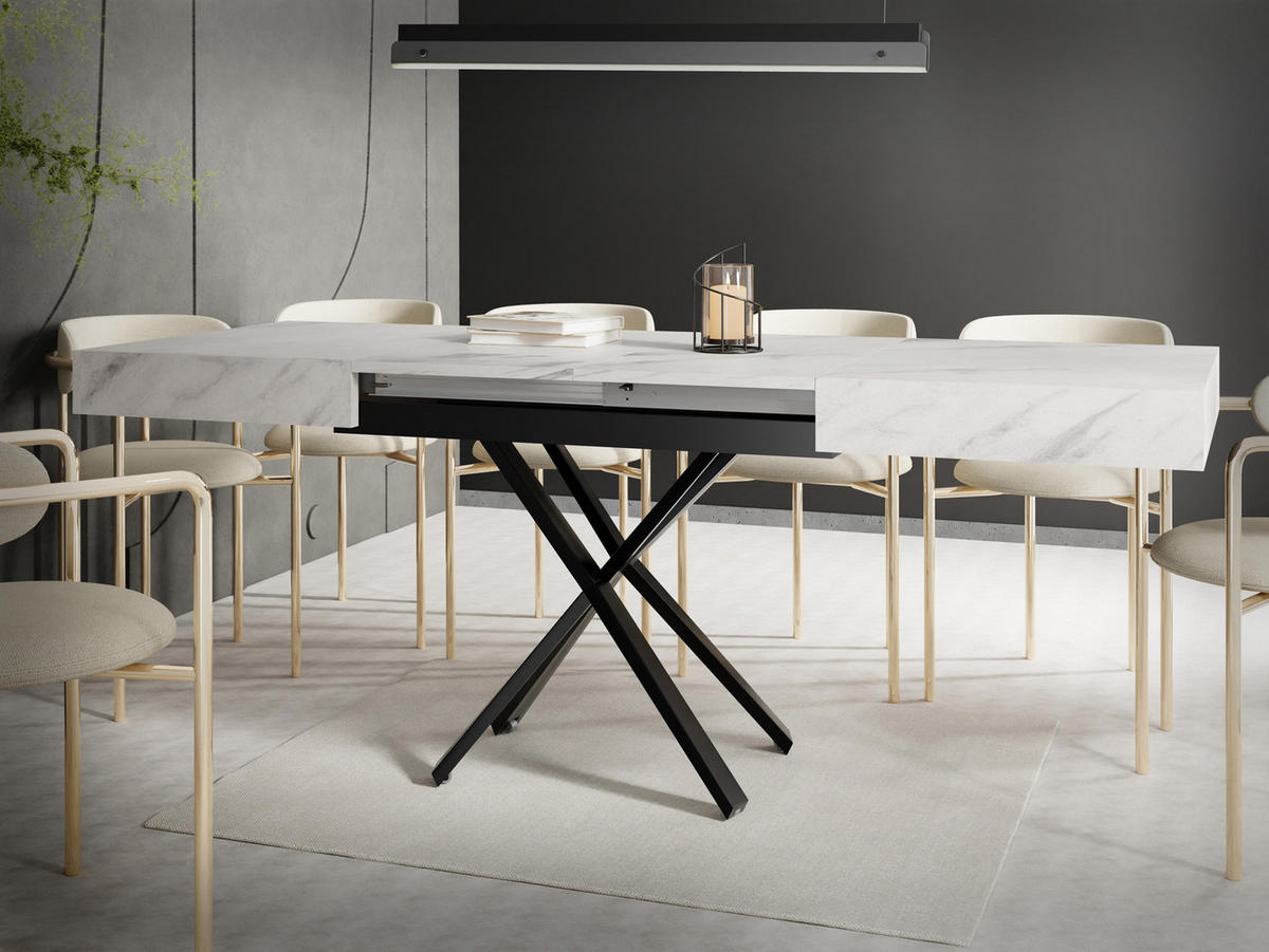 COUCHTISCH Cavetta X höhenverstellbar ausziehbar, Marmor Weiß 120-200/80/27-76 cm - Ecru/Schwarz, Holzwerkstoff/Metall (80/120/76cm) - WFL GROUP