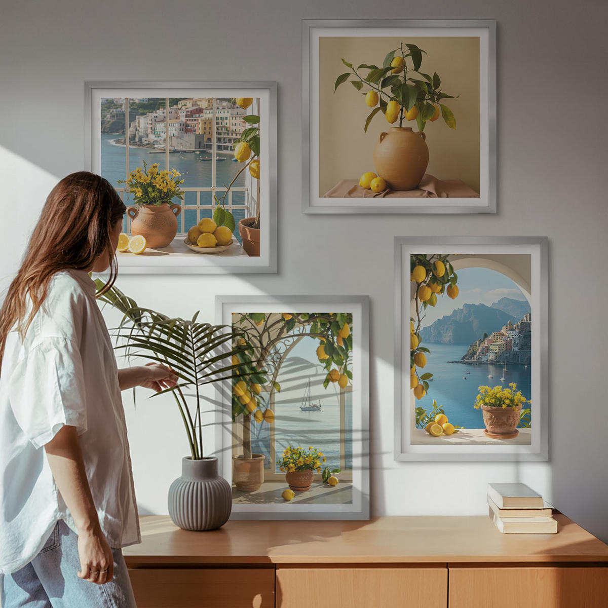 BILDER SET 4er Set - 50x50 cm & 40x60 cm Silberner Rahmen - Zitronenblumen aus der Küstenstadt - Silberfarben, Kunststoff (50/50cm) - TULUP