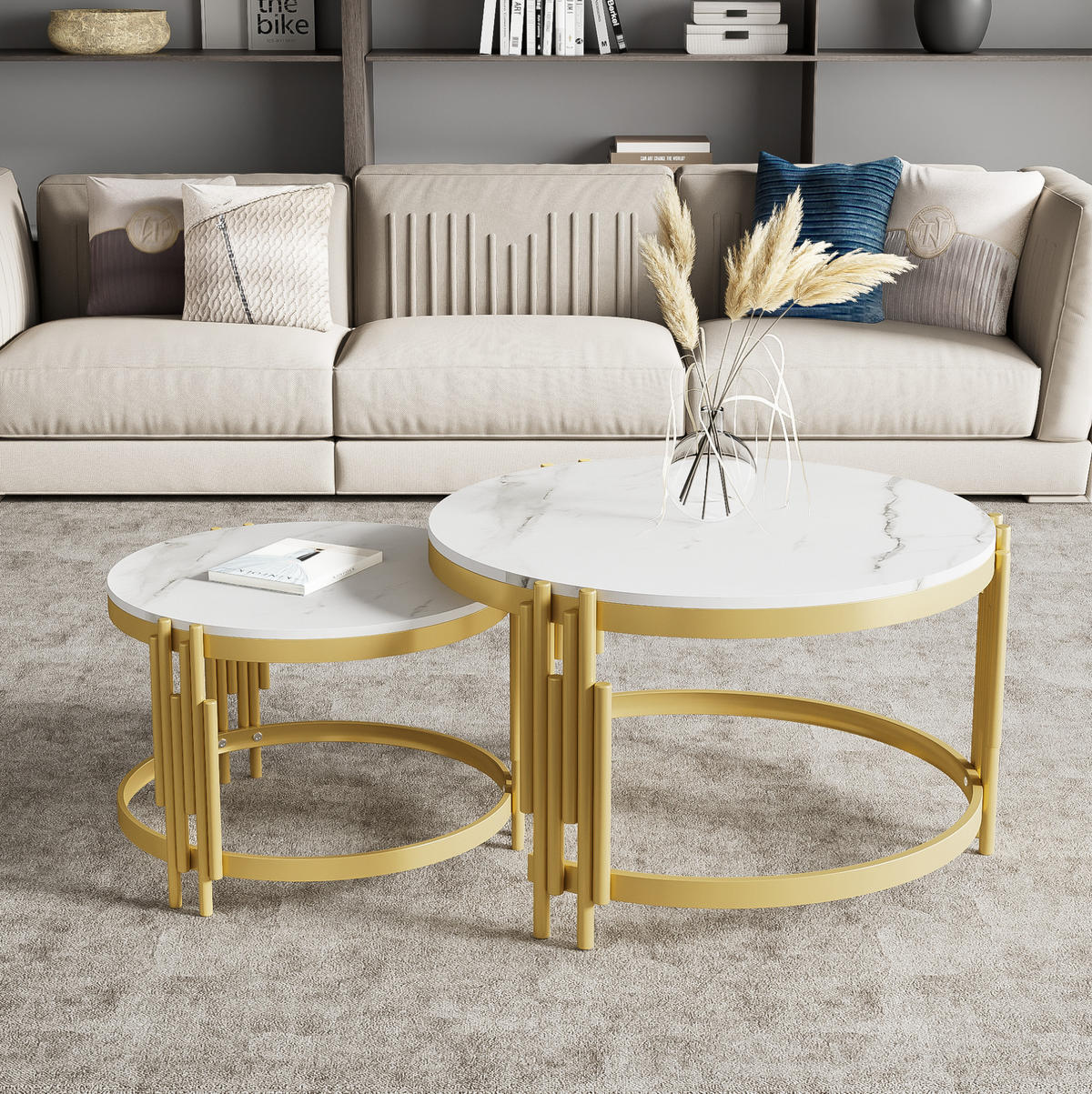 COUCHTISCH-SET rund nestbar 71,5/51,5 cm in Marmoroptik mit Metallgestell - Messingfarben, Holzwerkstoff (71.5/58/44cm) - BEAOK