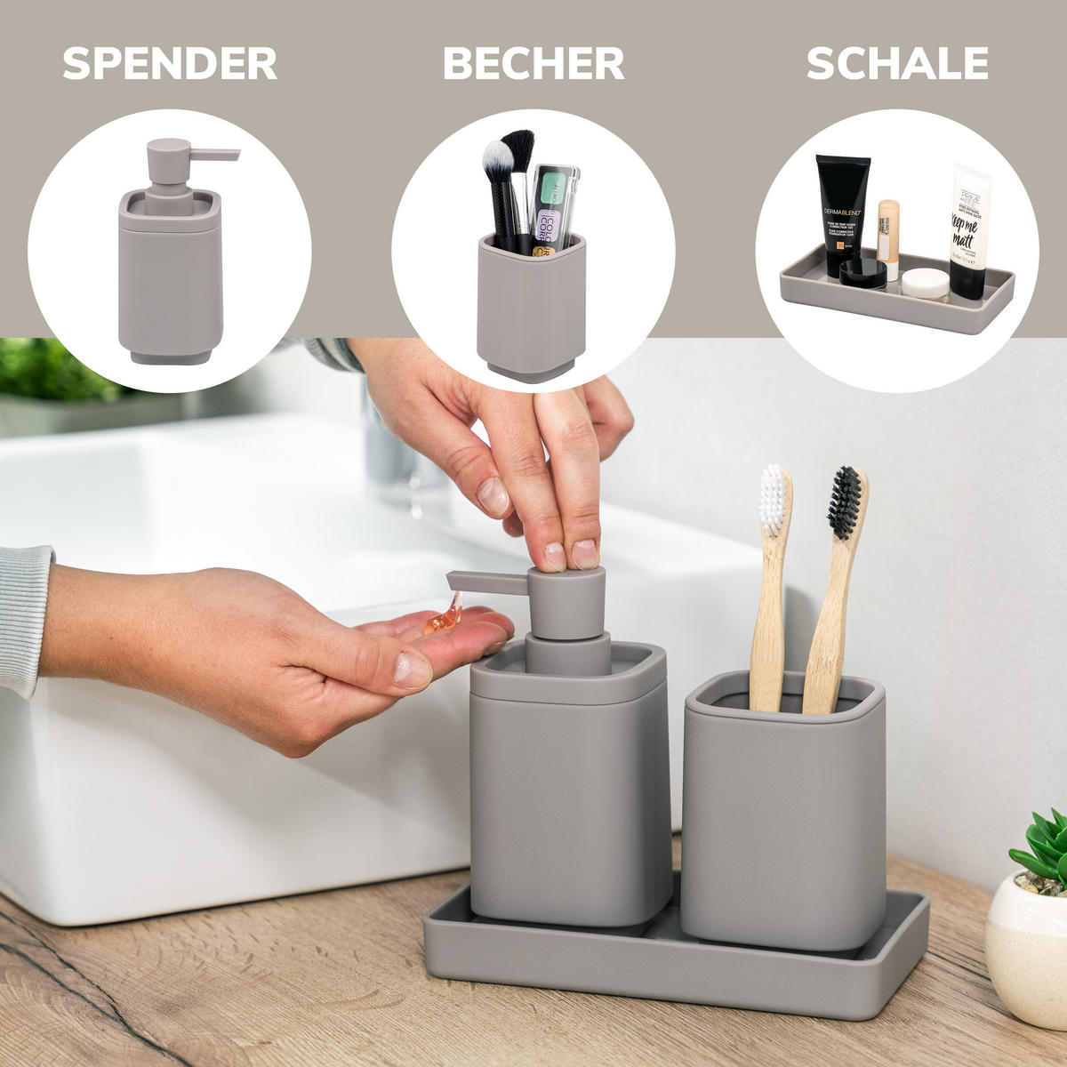 BAD-ACCESSOIRES-SET VALONA, Soft-Touch, taupe - Taupe, Kunststoff (18/2.5/9.5cm) - eluno