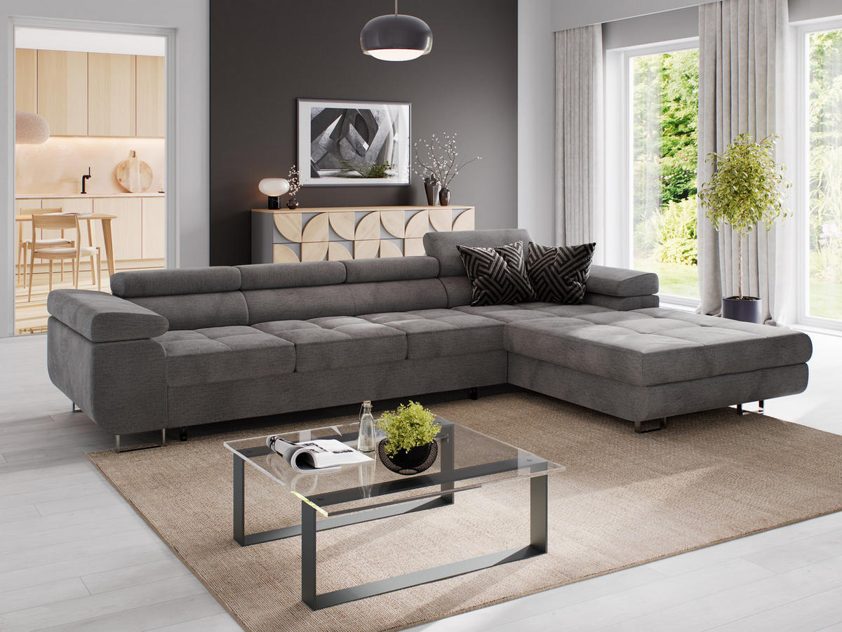ECKSOFA VEMO CORE PLUS Rechts Grau Velours-Stoff mit Schlaffunktion und Bettkasten - Grau, Holz/Metall (350/205cm) - Barchello