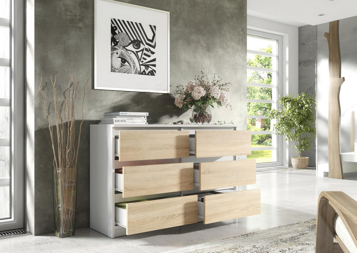 KOMMODE Weiß , Sonoma 120/79/39 - Weiß/Sonoma Eiche, Holzwerkstoff (120/79/39cm) - RAUMHIRSCH FURNITURE