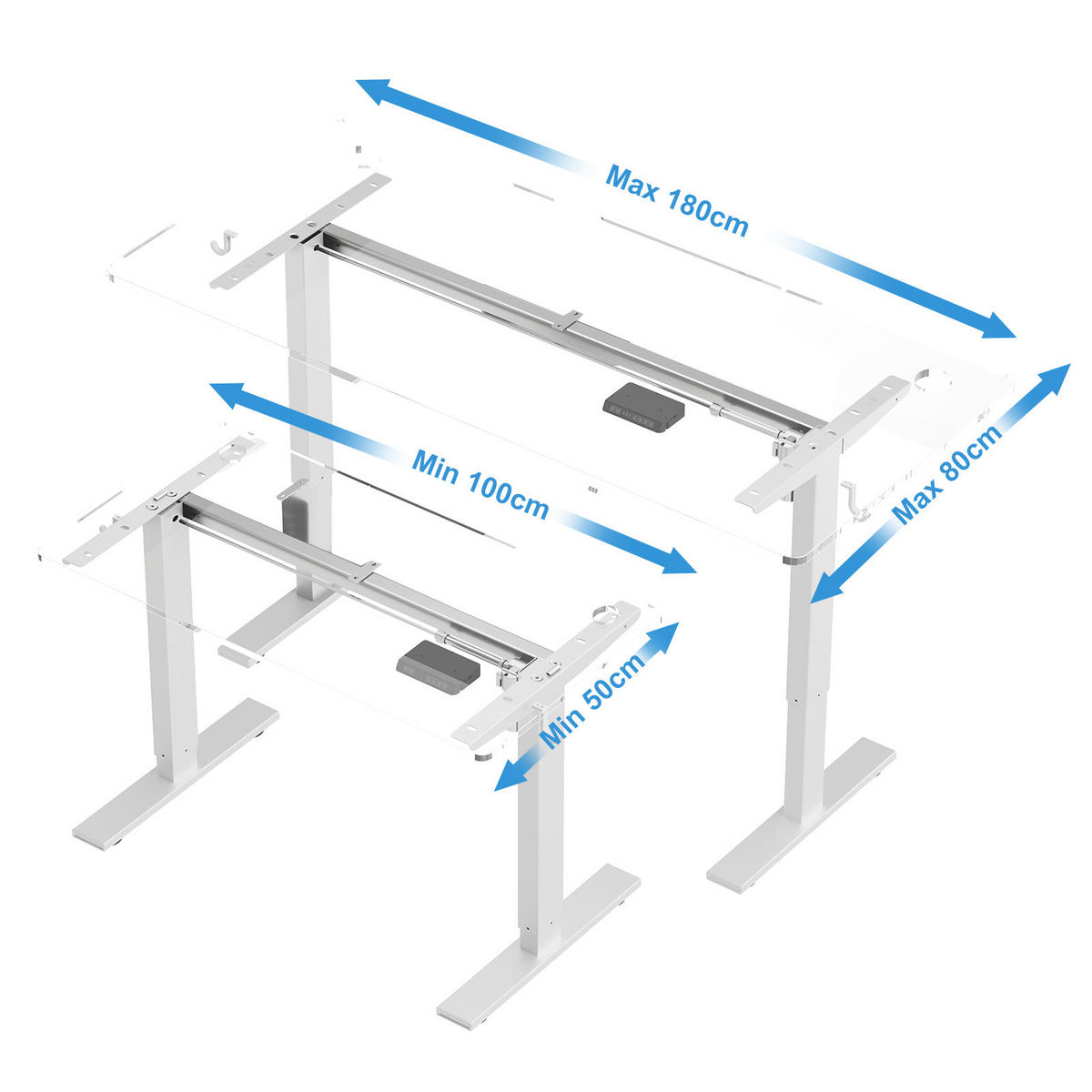SCHREIBTISCHGESTELL elektrisch höhenverstellbar, 69–117 cm, Memory-Funktion, Antikollision, USB-A & Type-C, für Tischplatten 100–180 cm x 50–80 cm - Weiß, Metall (120/60/70cm) - HOMAVO