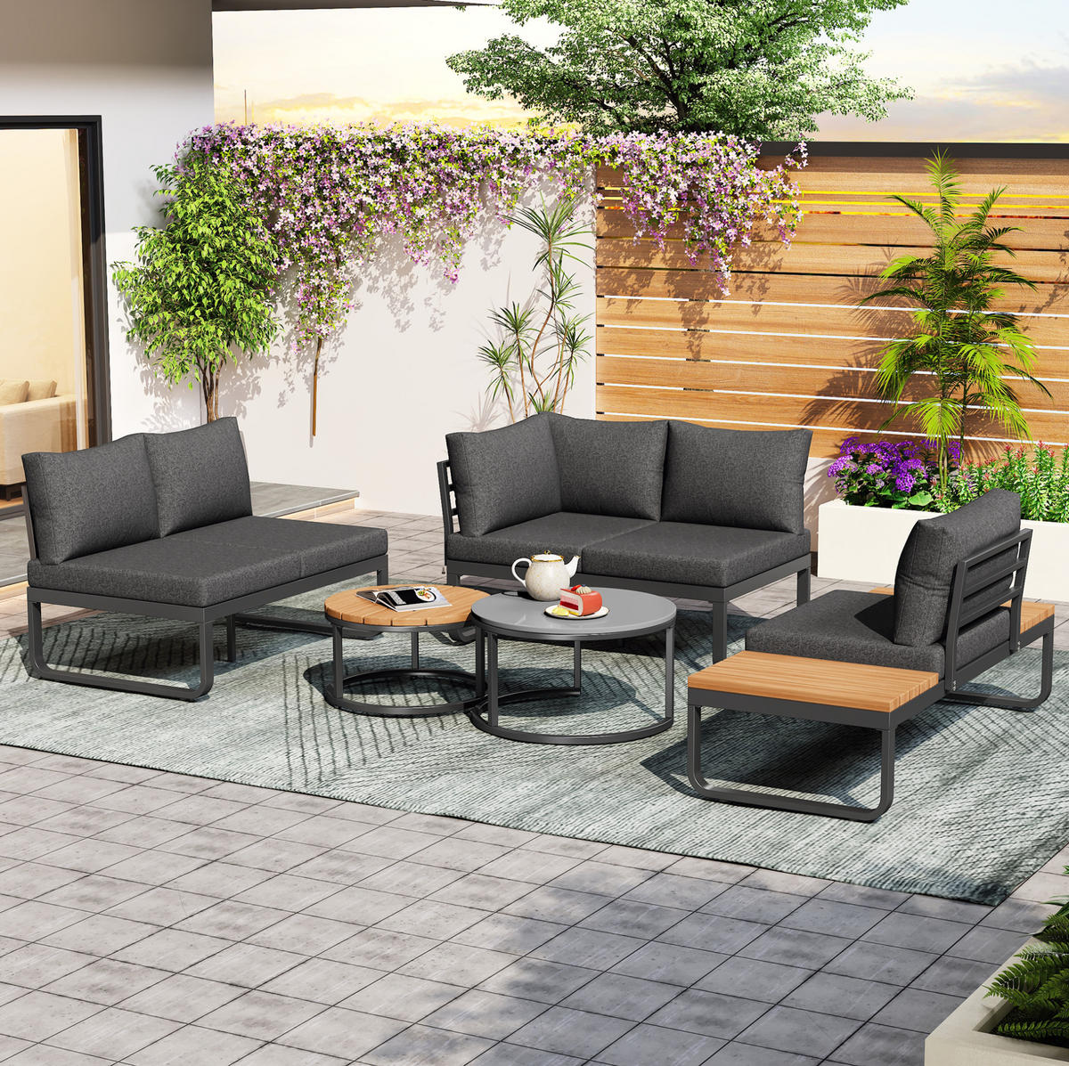 GARTENMÖBEL-SET 123,5/58/66 cm mit 2 Sofas, Sessel, 2 Tischen, verzinktem Eisen und verstellbaren Füßen, Grau - Grau, Metall - Redom