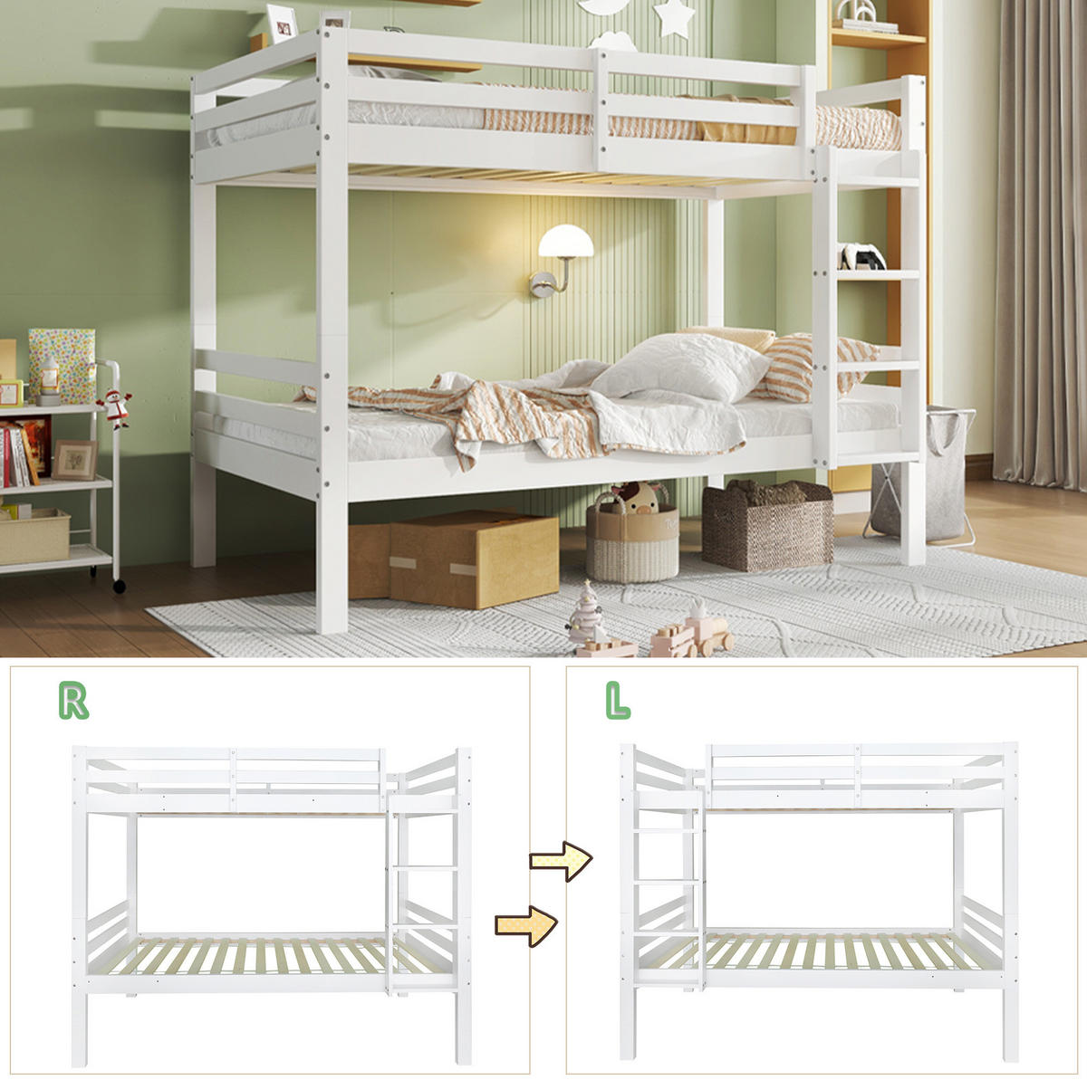 ETAGENBETT 90/200 cm in Weiß mit Absturzsicherung und teilbaren Einzelbetten - Weiß, Holzwerkstoff (90/200cm) - OKMYHOME