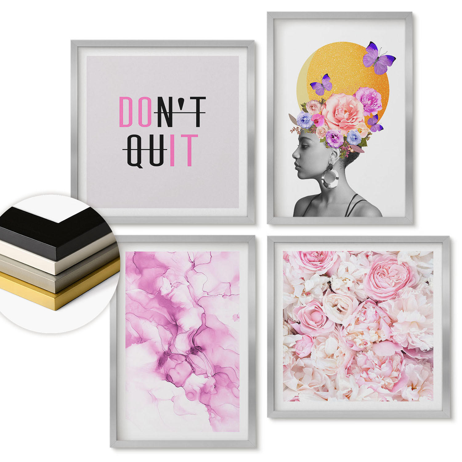 WANDBILDER 4er Set - 50x50 cm & 40x60 cm Silberner Rahmen - Abstraktes Blumenporträt einer Frau - Silberfarben, Kunststoff (50/50cm) - ArtPrintCave