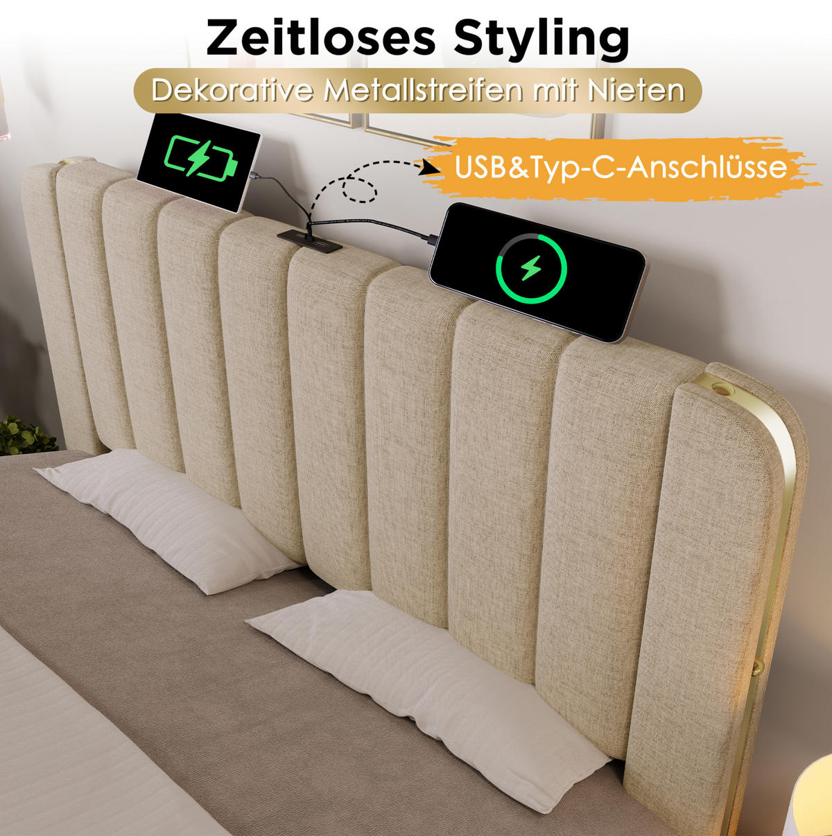 POLSTERBETT 90/200 cm Beige aus Leinen mit Stauraum und USB- und Type-C-Anschlüssen - Beige, Textil (90/200cm) - Flora Grace