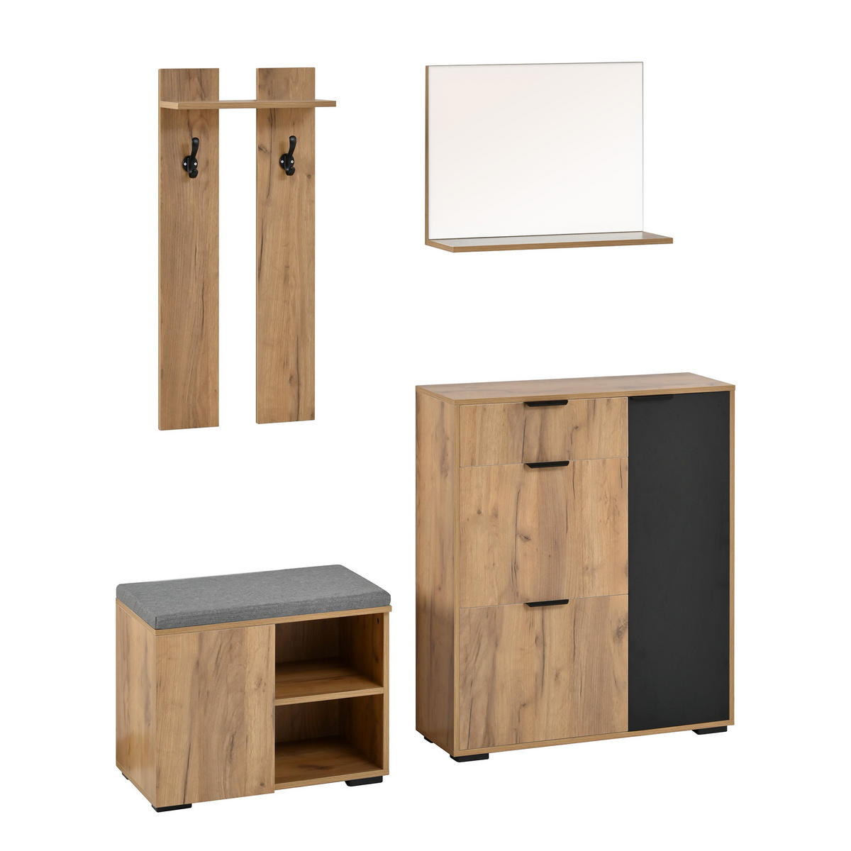 GARDEROBEN-SET 140 cm Natur & Schwarz – Flurmöbel mit Spiegel, Schuhbank & 4 Türen Modern - Naturfarben, Holzwerkstoff (140/139/35cm) - Urban Meuble