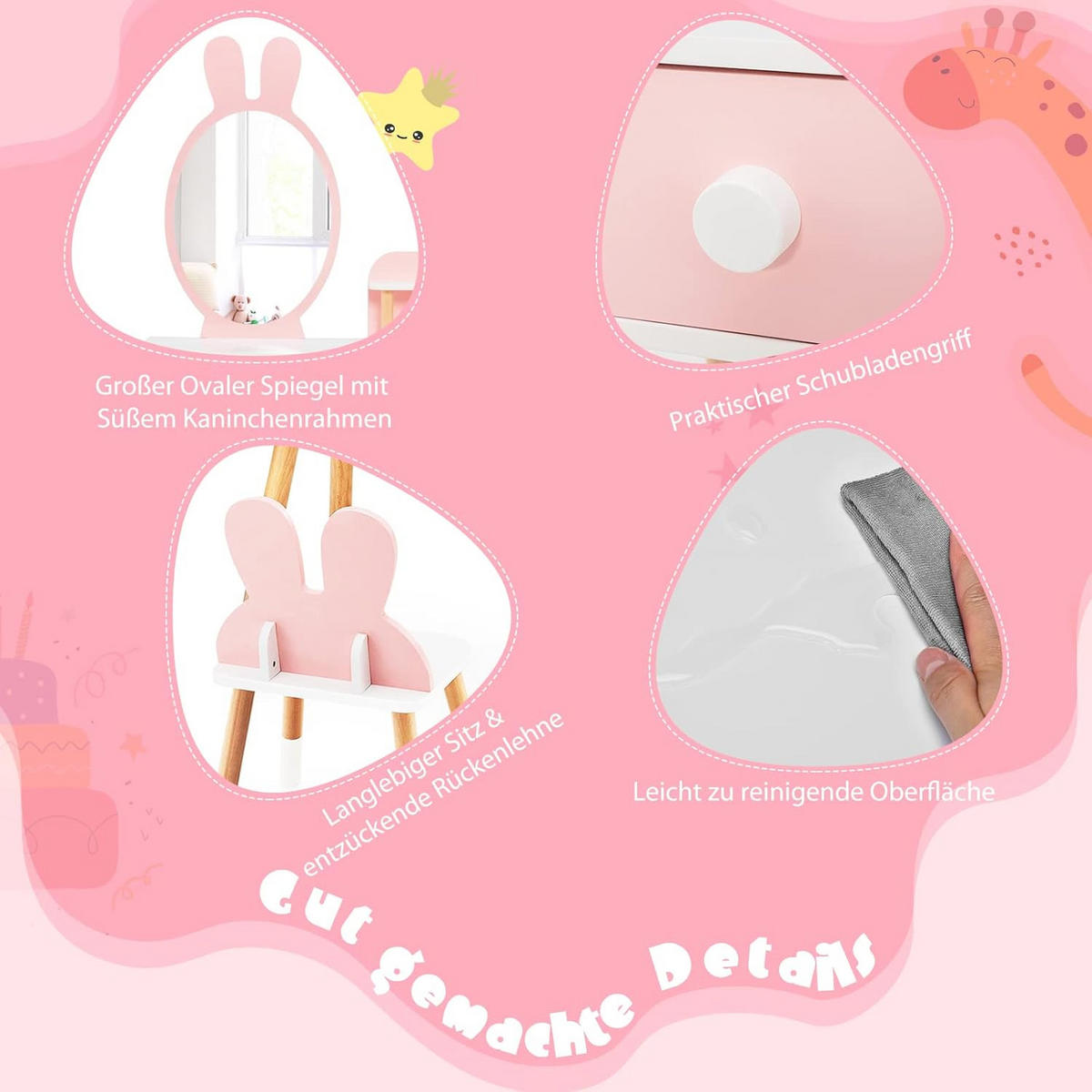 KINDER SCHMINKTISCH Set Pink - Pink, Holz (37/110/78cm) - COSTWAY