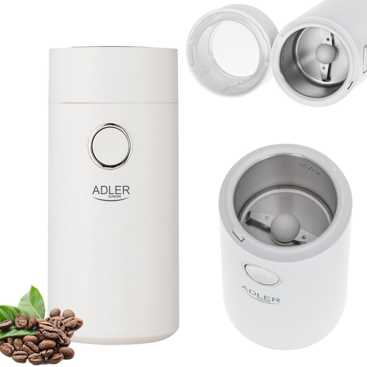 KAFFEEMÜHLE AD4446WS Weiß 150W 75 g Elektrisch Edelstahl Mahlwerk - Weiß, Kunststoff/Metall (12/25/15cm) - Adler