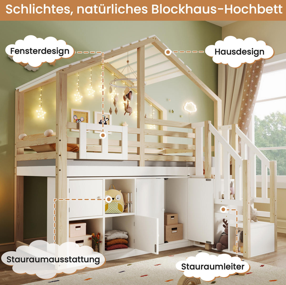 HOCHBETT 90/200 cm in Weiß/Natur – mit Stauraumtreppe und Rausfallschutz - Weiß, Holz (90/200cm) - BEAOK