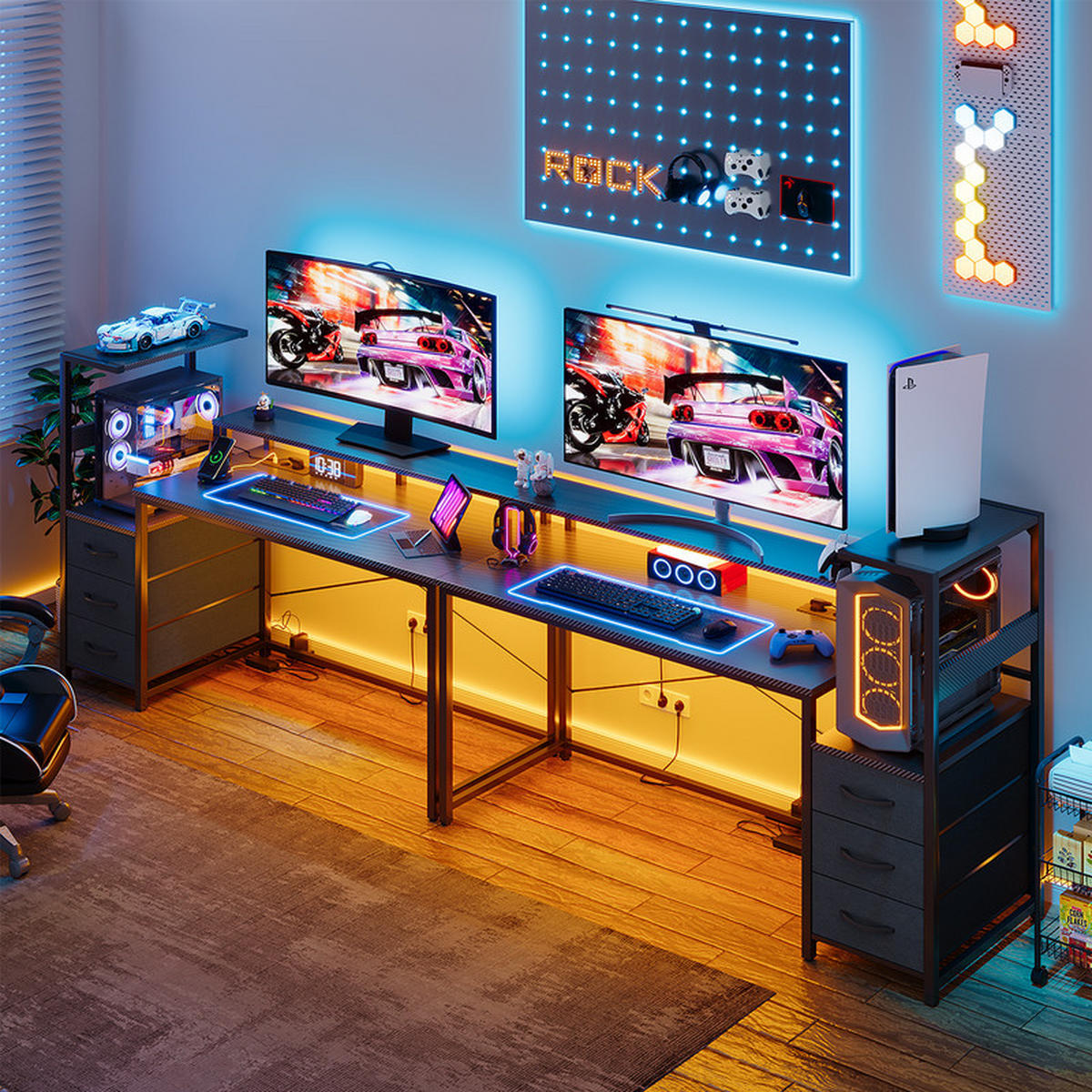 GAMINGTISCH mit Led, 150 x 50 x 75 cm, umkehrbarer Gamer-Schreibtisch mit Bildschirmunterstützung, 3 Schubladen, 2 Steckdosen und USB - Schwarz, Metall (150/48/75cm)