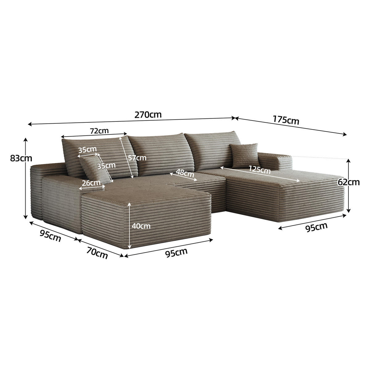 WOHNLANDSCHAFT DE-34857 U-Form 2-Sitzer Chaiselongue rechts Camel - Sandfarben, Textil (175/83/270cm) - ComfortXL
