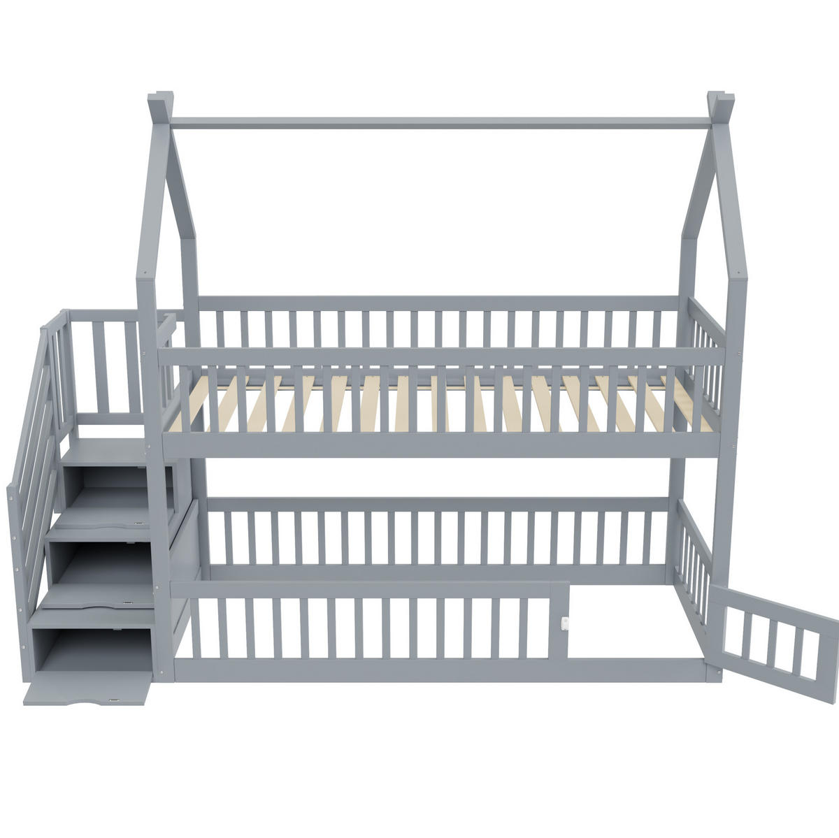 POSCHODOVÁ posteľ 90/200 cm sivá s úložnými schodmi a strechou z masívneho dreva - sivá, drevo (90/200cm) - OKWISH