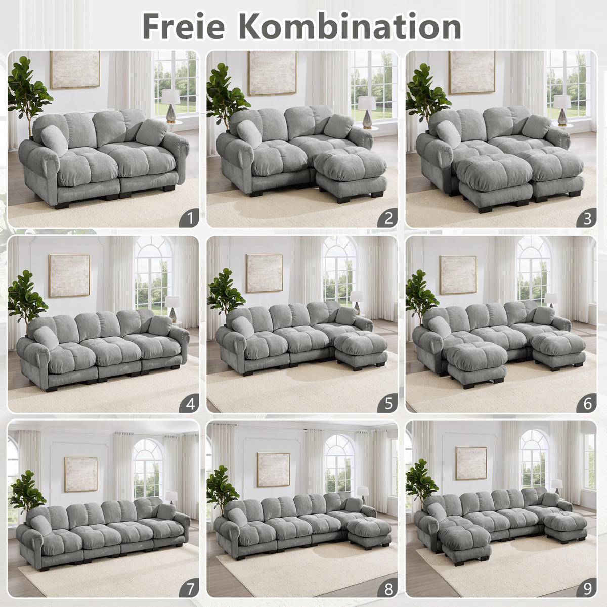 SOFA 330/86/90 cm in Hellgrau aus Chenille mit Steppnaht - Hellgrau, Textil (86/90/330cm) - Flora Grace