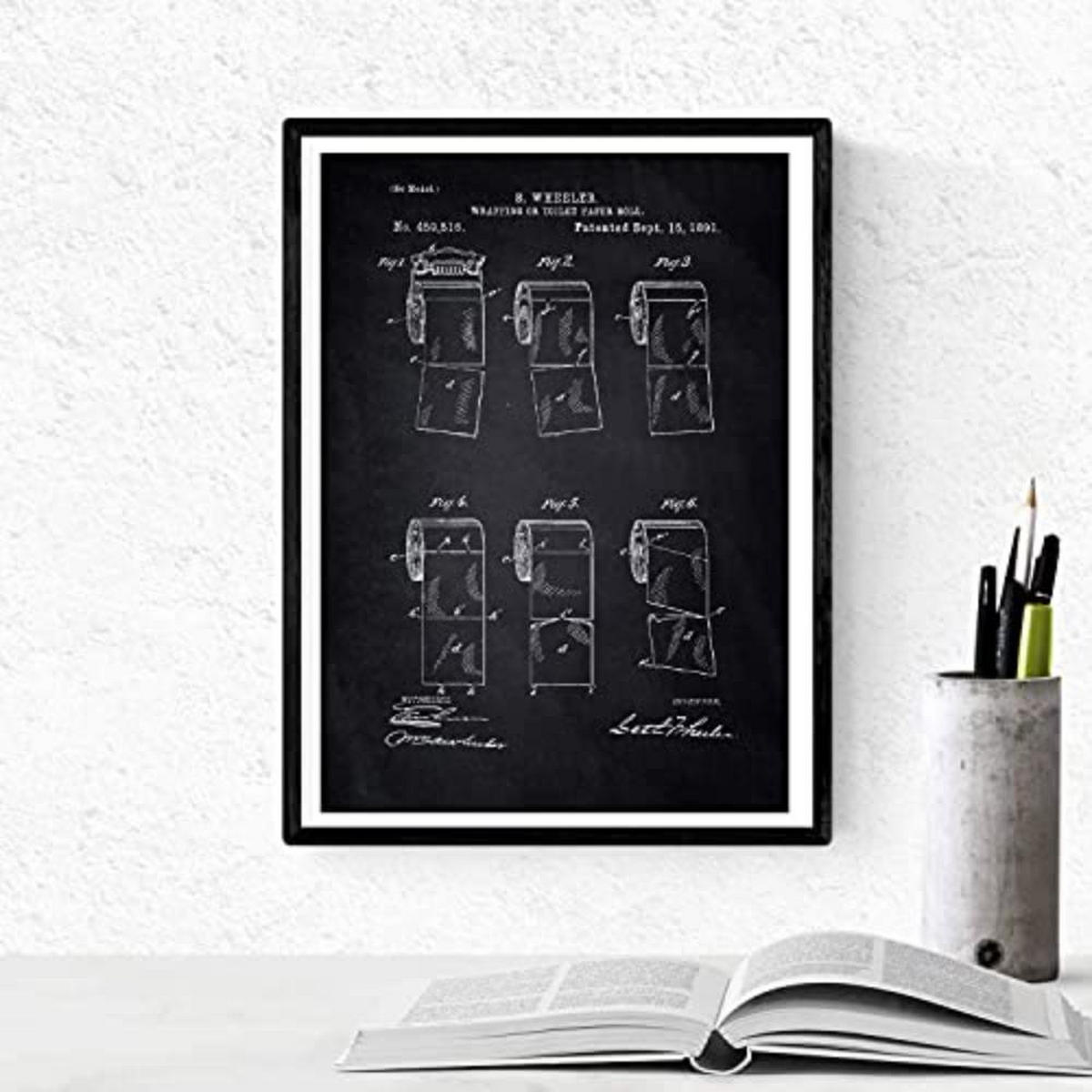 POSTER Set mit 4 Schwarz Badezimmer Patent A3 Schwarzer Rahmen - Schwarz, Papier (29.7/3cm) - Nacnic