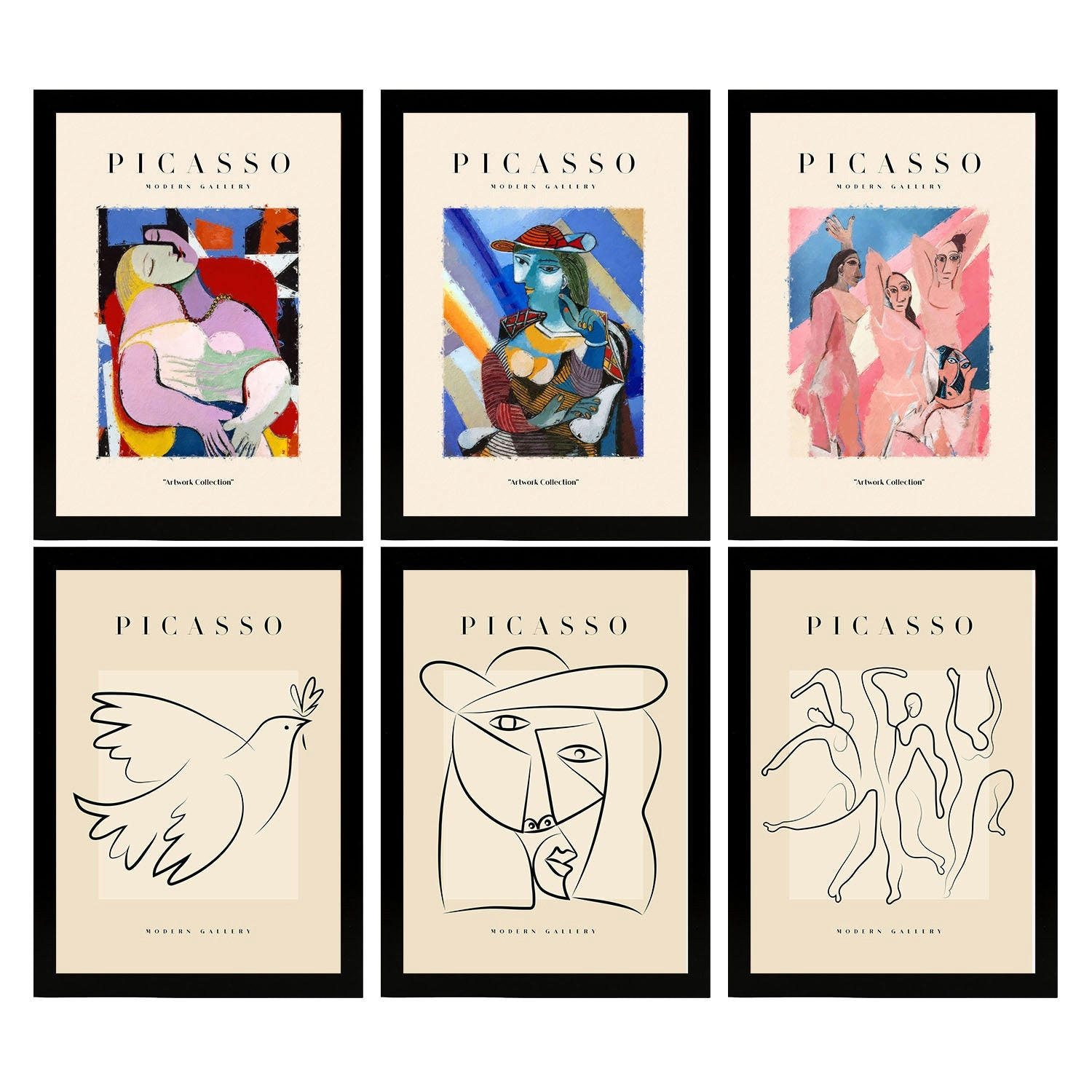 POSTER Set Mit 6 Illustrationen Von Pablo Picasso Skizzen A3 Schwarzer Rahmen - Schwarz, Papier (29/3cm) - Nacnic